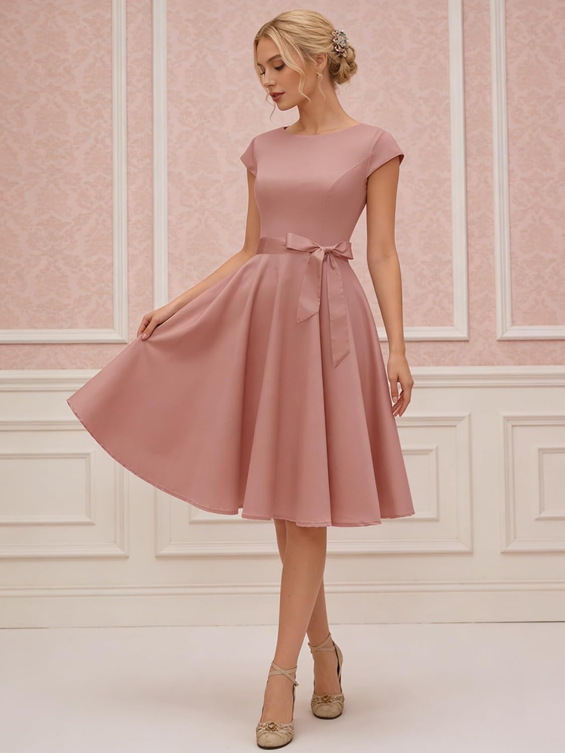 PUKAVT Women's 1950 Boatneck Cap Sleeve Vintage Swing Cocktail Party Dress with Pockets