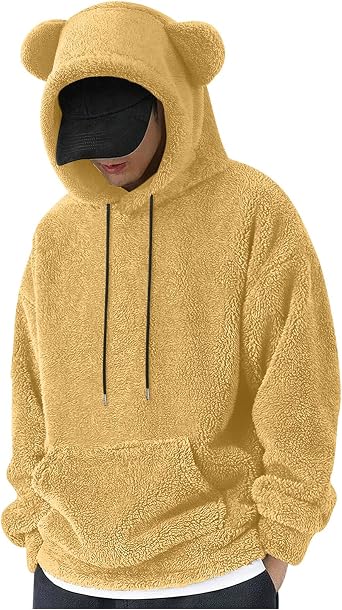 Mens Fuzzy Sherpa Hoodie Cute Teddy Bear Ears Pullover Sweatshirt Loose Cozy Pocket Long Sleeve Winter Homewear