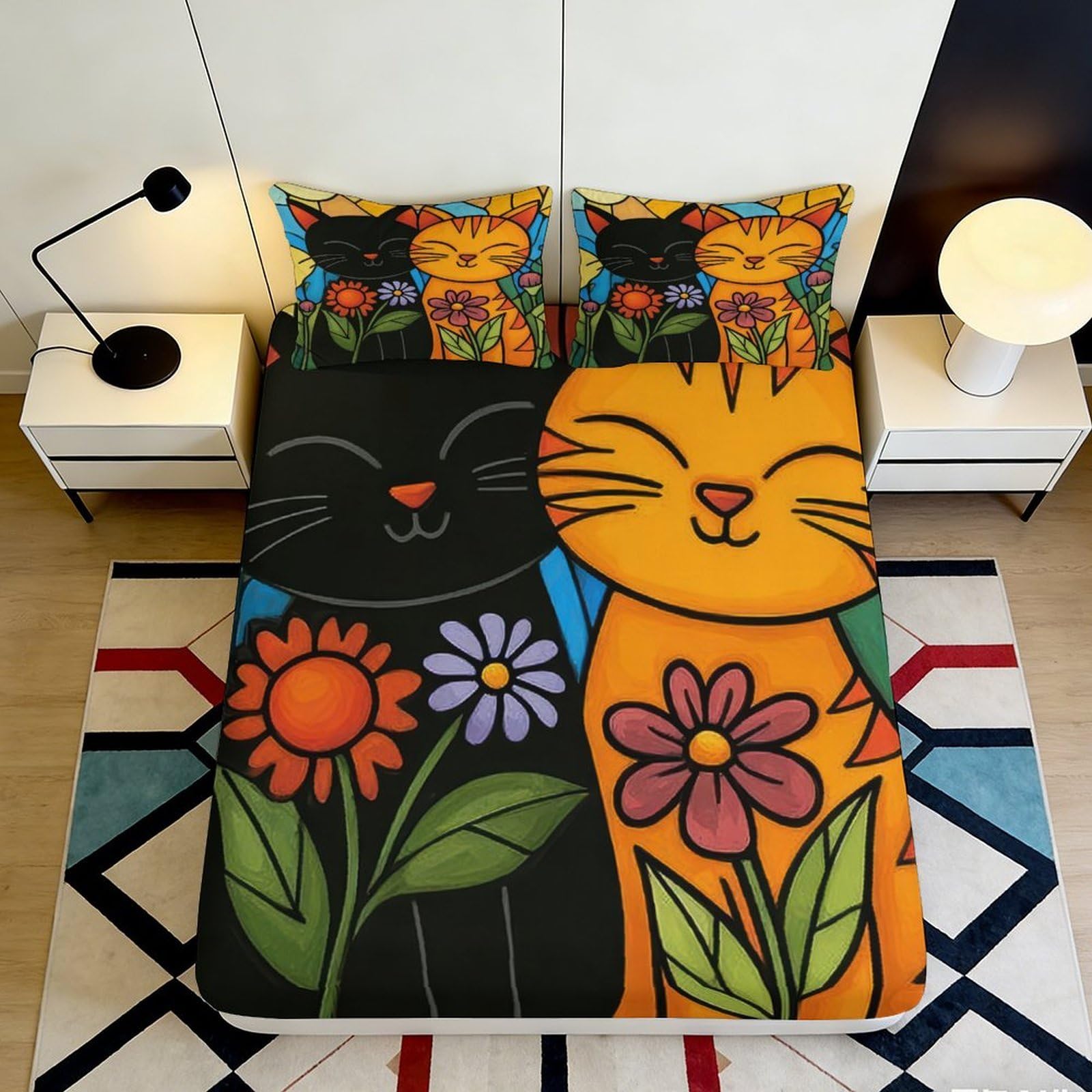 3D Printed Cartoon Cat Fitted Sheet Microfiber Floral Art Mattress Cover Anti-Slip, Bedroom Guest Dorm Protector Decor 160x200x25cm