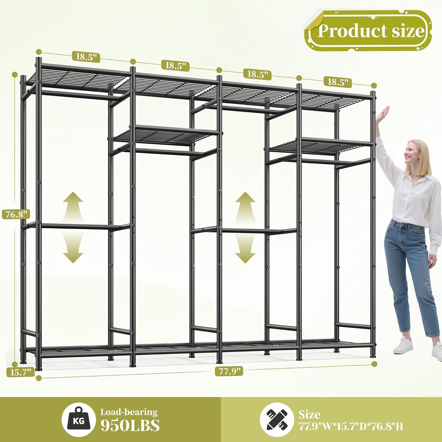 Raybee Portable Closet,Clothes Rack with 6 Hang Rods & 10 Shelves,Clothing Racks for Hanging Clothes,Metal Garment Rack for Bedroom,Large Capacity,Adjustable,Stury 77.9" W x 15.7" D x 76.8" H Black