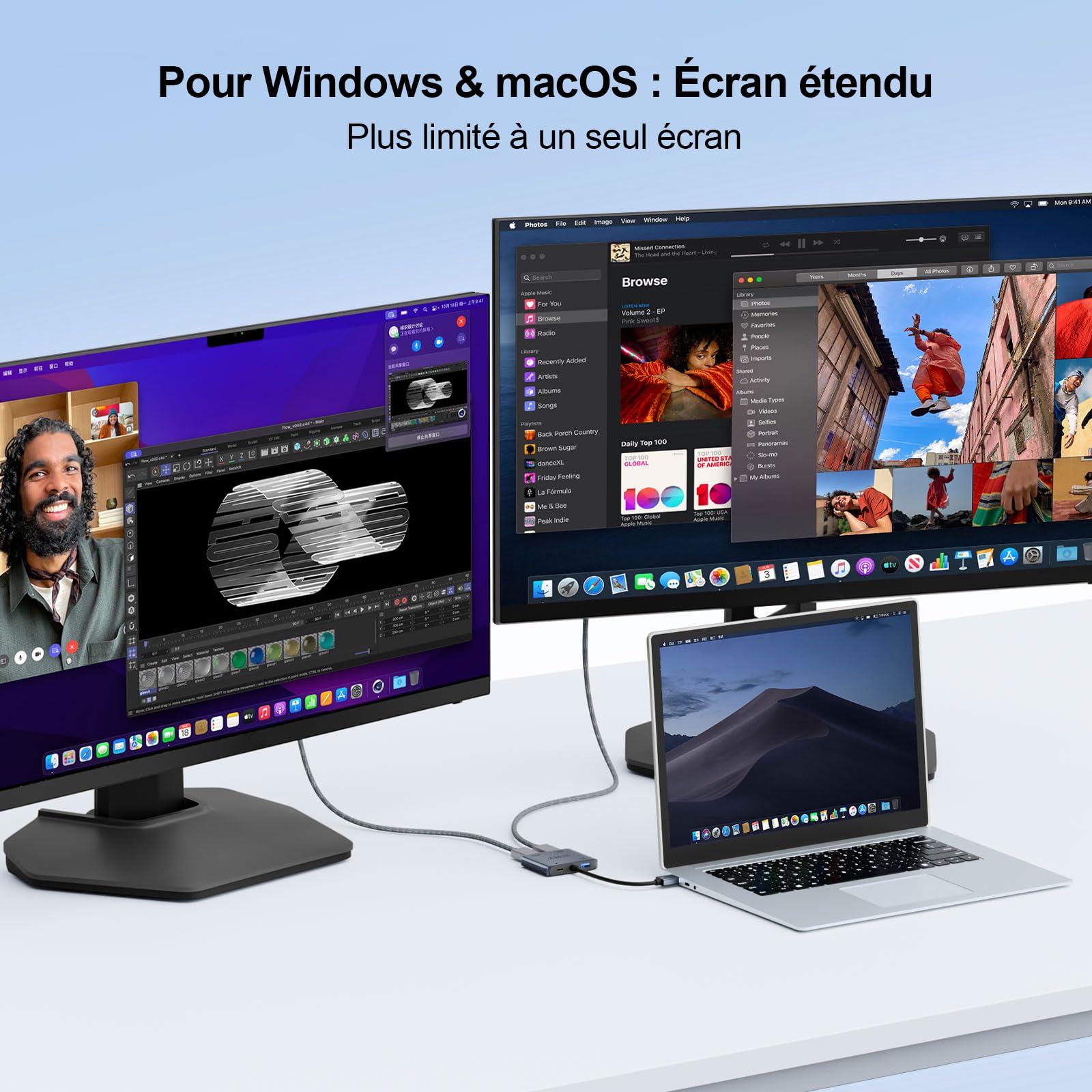 Adaptateur USB 3.0 vers Double HDMI, Dual 1080P@60Hz pour Windows et macOS