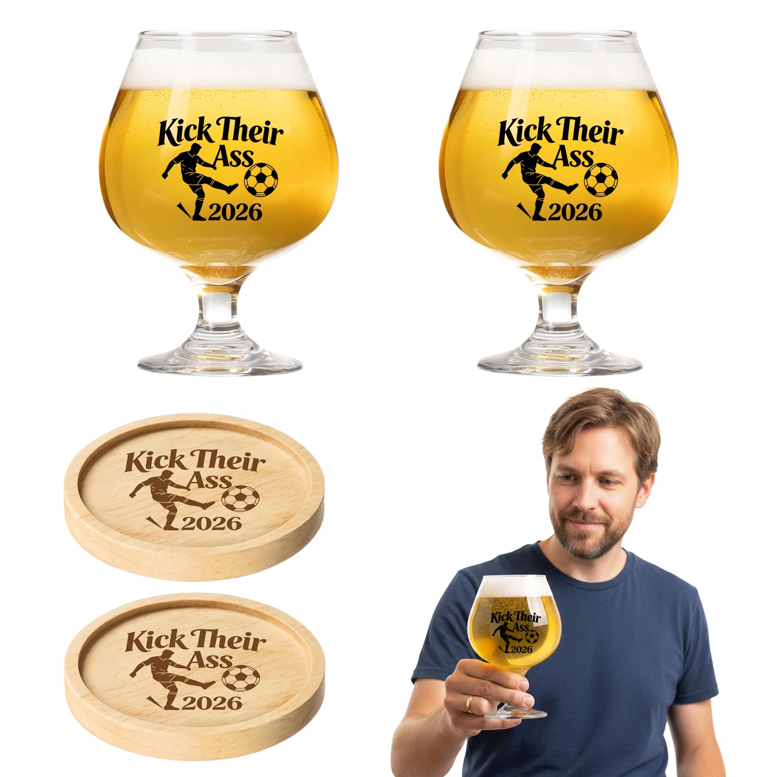 Football Beer Glasses Set Of 2 - Funny Football 2026 Pint Glasses For Men, Sports Fan Drinking Glass Gift For Dad, Brother, Grandad, Match Day Tumbler For Birthday, Fathers Day And Celebrations