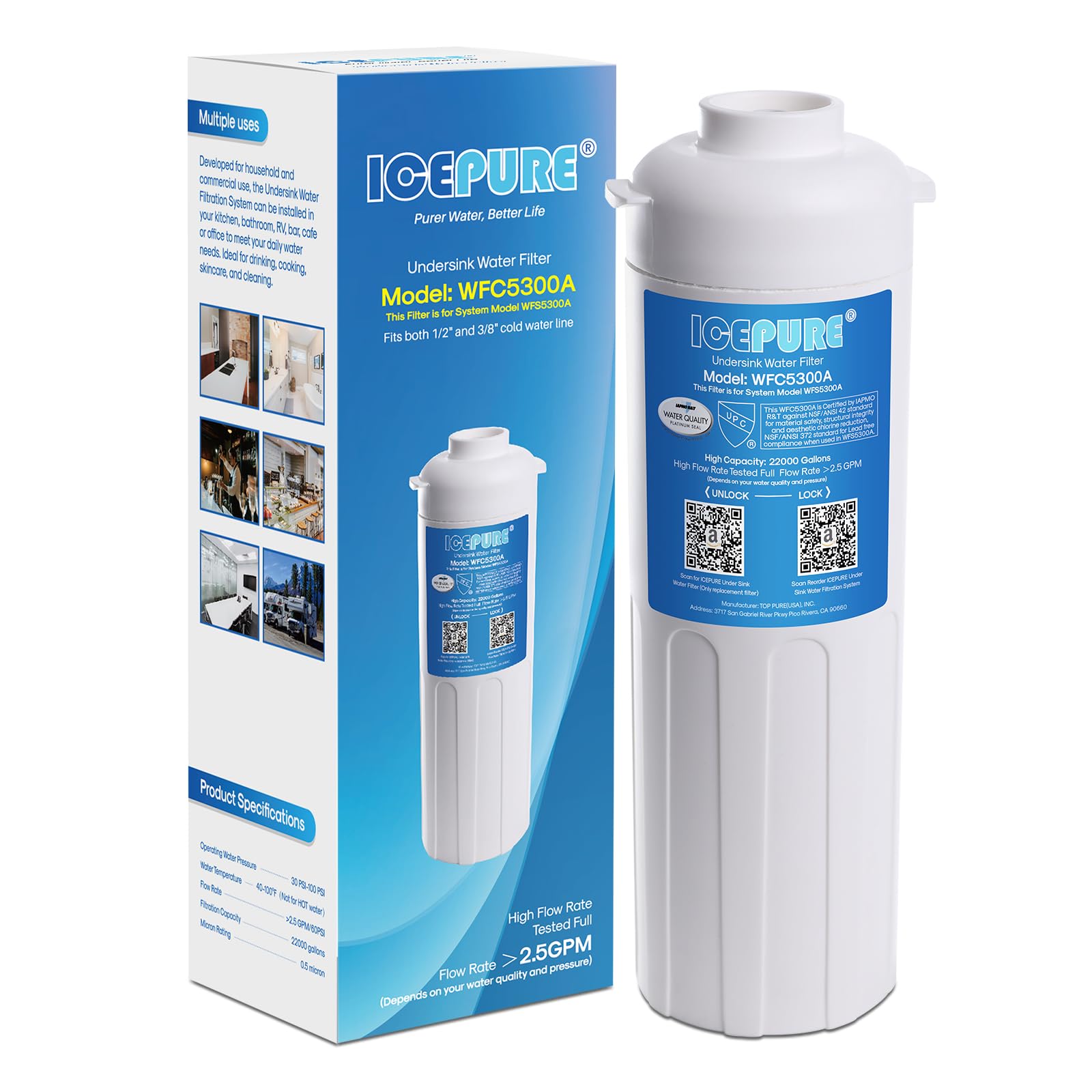 ICEPURE WFC5300A Under Sink Water Filter system 3 Years or 22000 Gallons Ultra High Life Replacement for ICEPURE