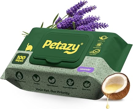 Petazy Pet Wipes for Dogs and Cats 100 Count 8x8in Hypoallergenic, Deodorizing Dog Wipes for Paws, Ears and Butt | XL with Aloe & Coconut oil, Lavender Scented | Travel Size, Single On-the-Go Pack