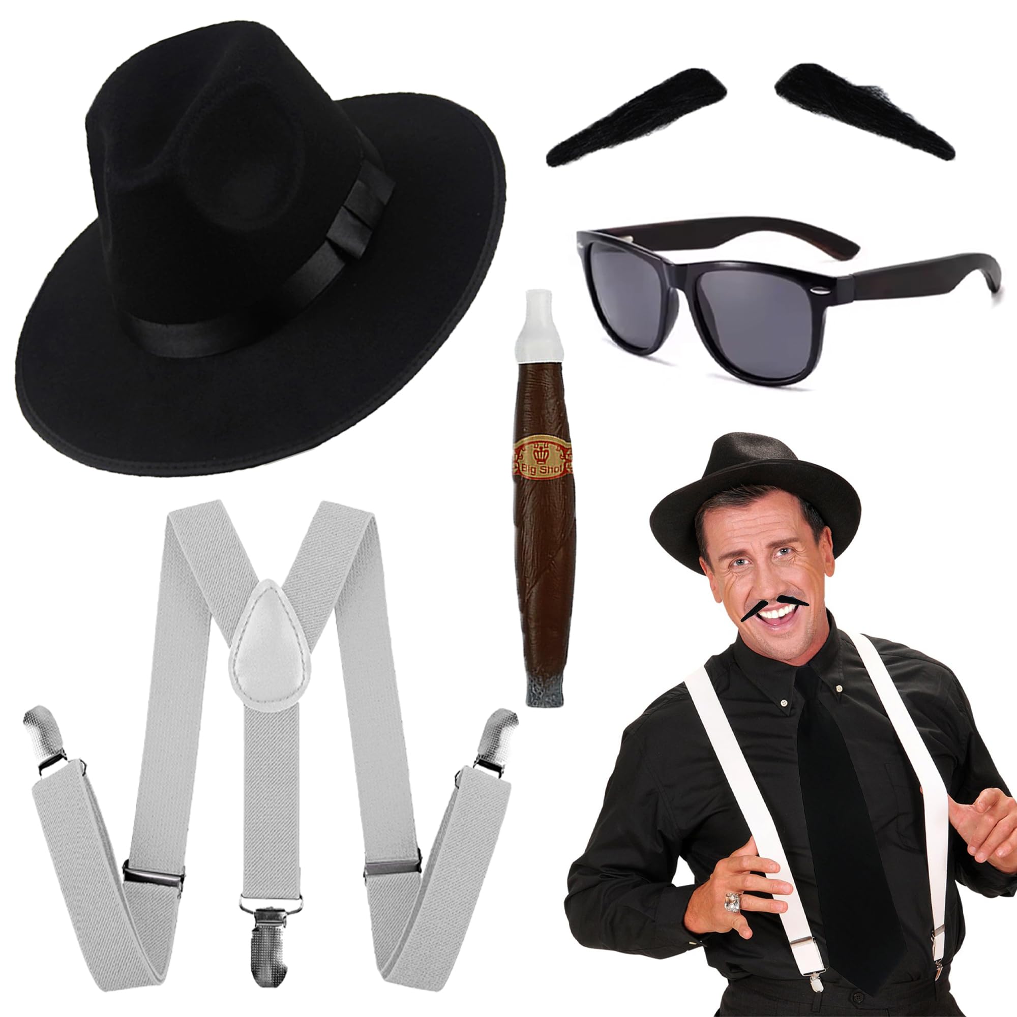 Adults 1920'S Gangster Costume Accessories, 80s 90s Men AL Capone Gangster Hat Black Tie Sunglasses, Mafia Gatsby Costume for 1920's Dress Up Film Party Fancy Dress, Set 4
