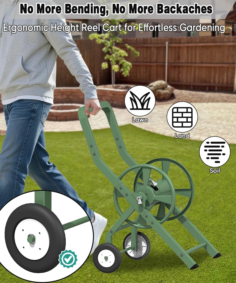 Artigarden Garden Hose Reel Cart with Wheels, Outdoor Heavy Duty Powder-coated Steel Water Storage Winder Holder, Holds 125 ft of 5/8’’ Hose with 3.9 Ft Leader Hose for Outside Lawn Yard, Green