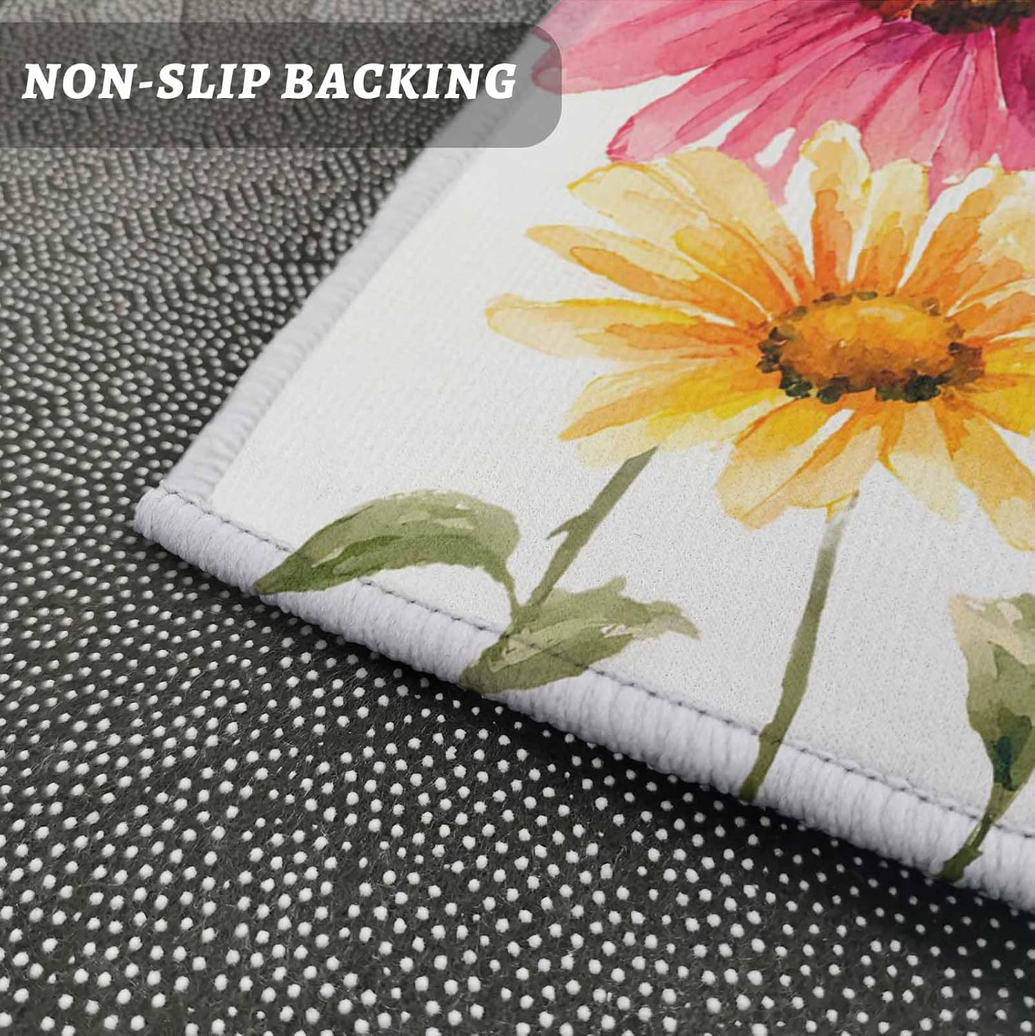 Kitchen Mats for Floor Watercolor Yellow Pink Daisy Washable Non Slip Kitchen Rugs 2PCS, Country Floral Art Absorbent Standing Mats for Sink Bathroom Office Living Room 15.7x23.6in+15.7x47.2in