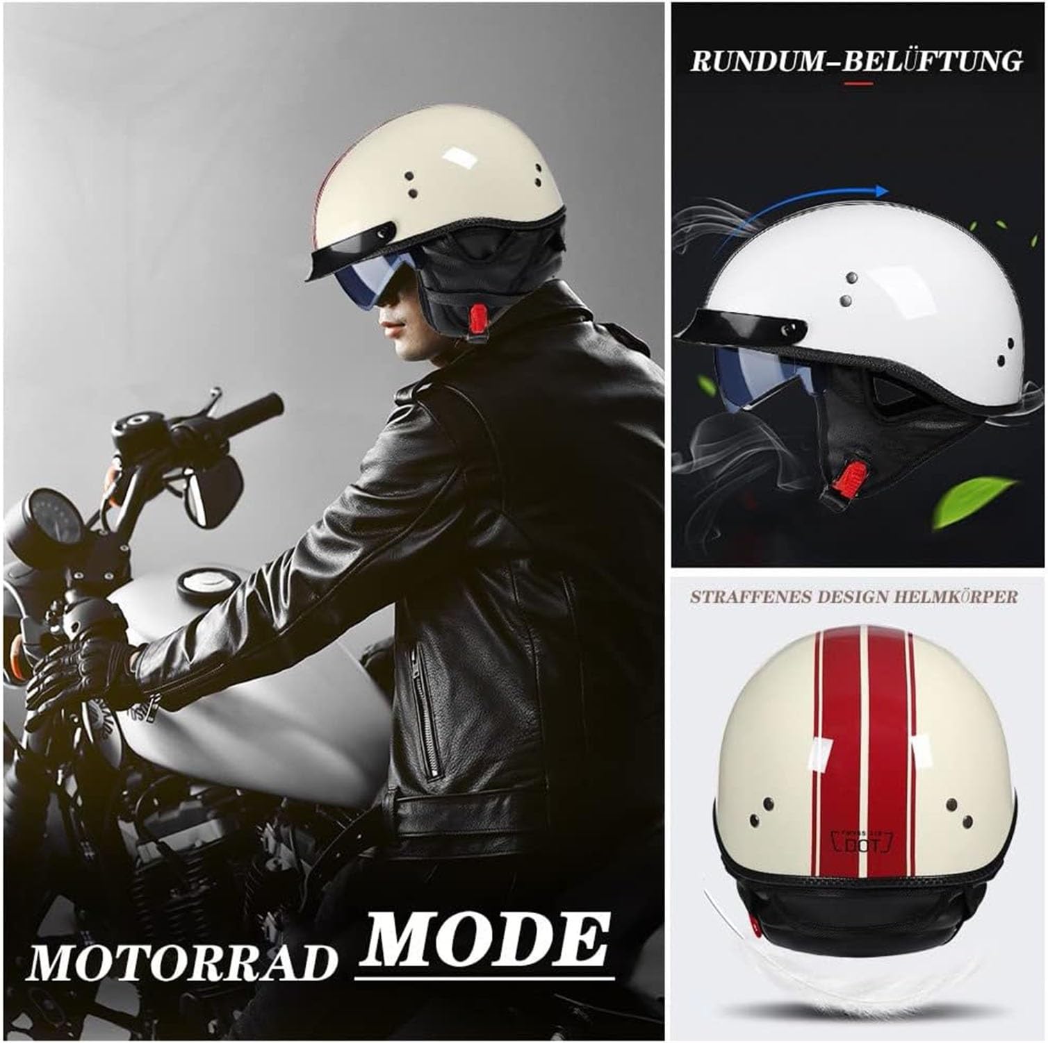 Kask motocyklowy w stylu niemieckim, vintage, kask motocyklowy z otwartą twarzą, z homologacją ECE, półkask w stylu retro, z osłoną przeciwsłoneczną