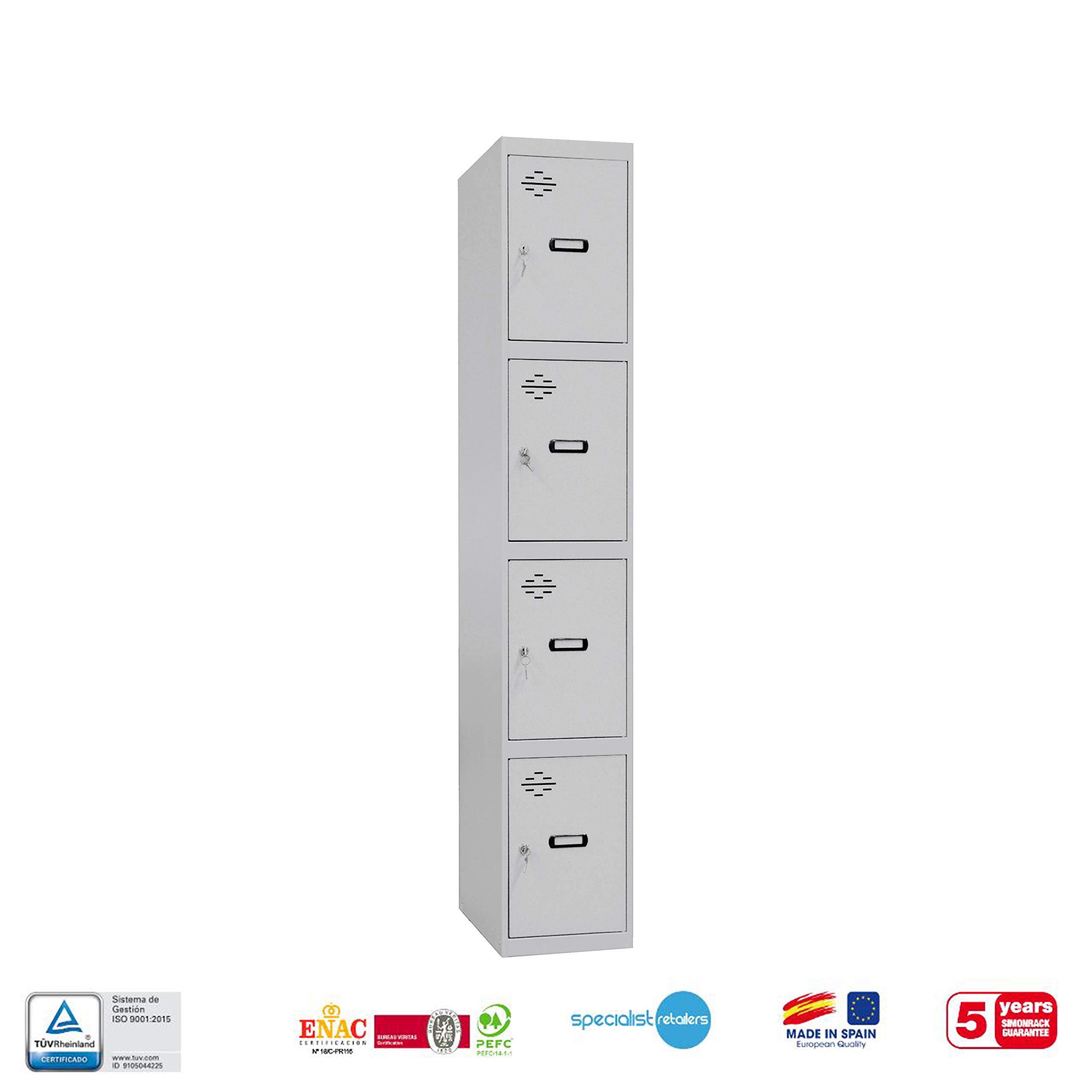 Simon Rack Taquillas Vestuario Metalicas, 4 Puertas, Incluye Llave, 1800x300x500 mm, Gris - Simonlocker