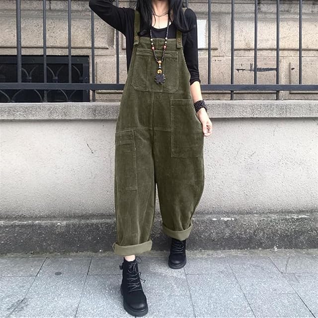 Corduroy Jumpsuits Women's Autumn Pants Casual Suspender Wide Leg Playsuits Rompers Trousers (Color : Army Green, Size : Small)