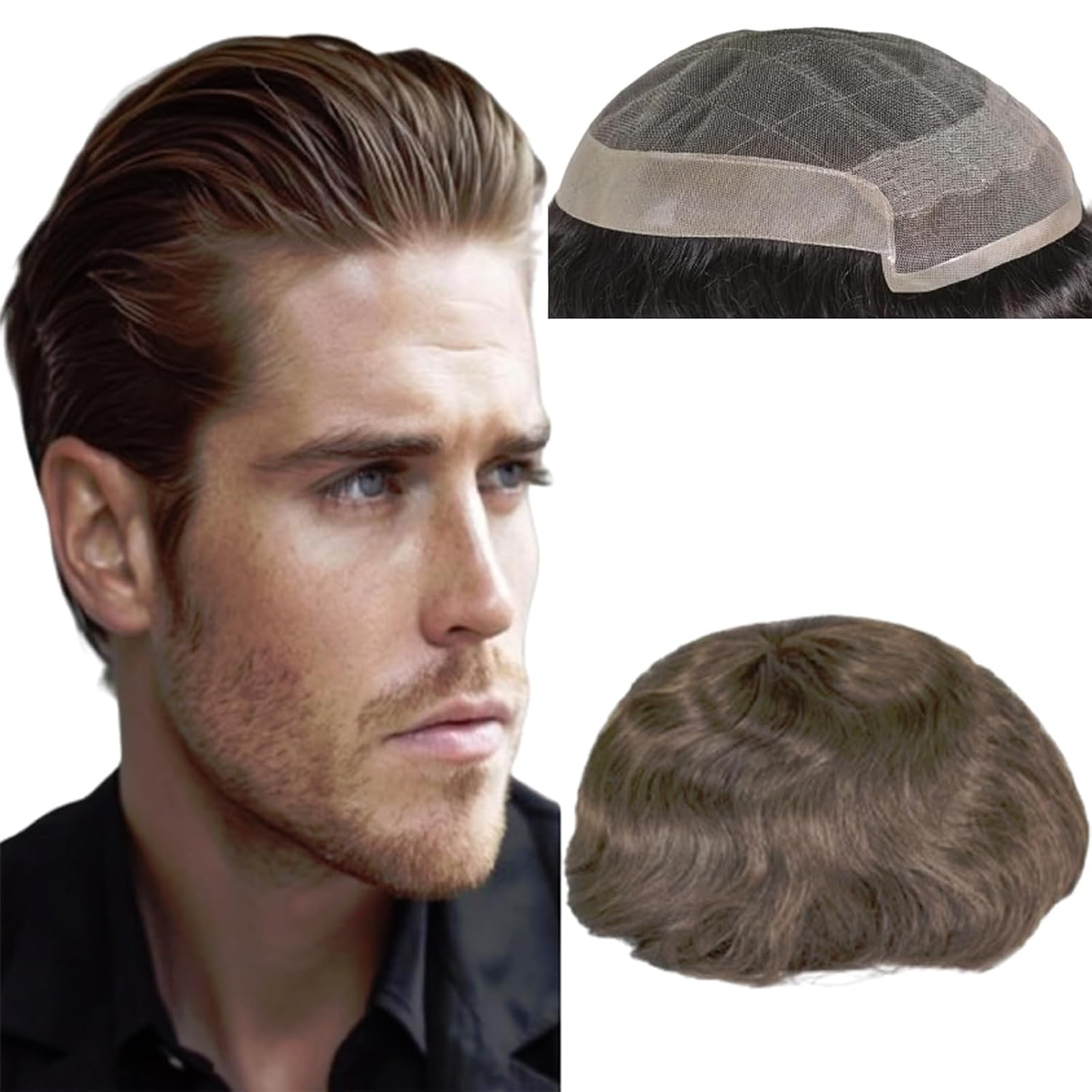 Men's Hairpiece European Human Hair Toupee 9x7inch Swiss Lace Skin PU Back Hair Replacement Wig #2 Dark Brown Color