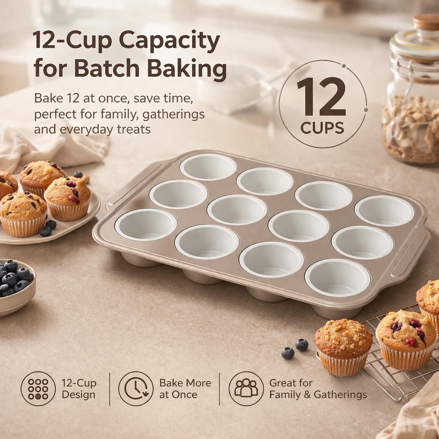 2Pack Silicone Muffin Pans with Steel Frame, 12-Cup Nonstick Bakeware, Reusable Cupcake Pans with 12 Piping Nozzles & Bag for Baking | Silicone Muffin Pans for Cupcakes & Muffins