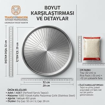 Transformacion 2'li Set Delikli Lahmacun Pizza Pide Tepsisi, 32 cm Paslanmaz Çelik Çıtır Pişirme Tabağı, Fırın Tepsisi 719633