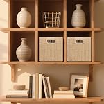Wicker Storage Baskets for Organizing, 3 Pack Rustic Foldable Square Basket for Shelves, Handwoven Cubby Organizer Bins for Home Decor, Small Cube Storage Bin for Closet Organization, 11 inch