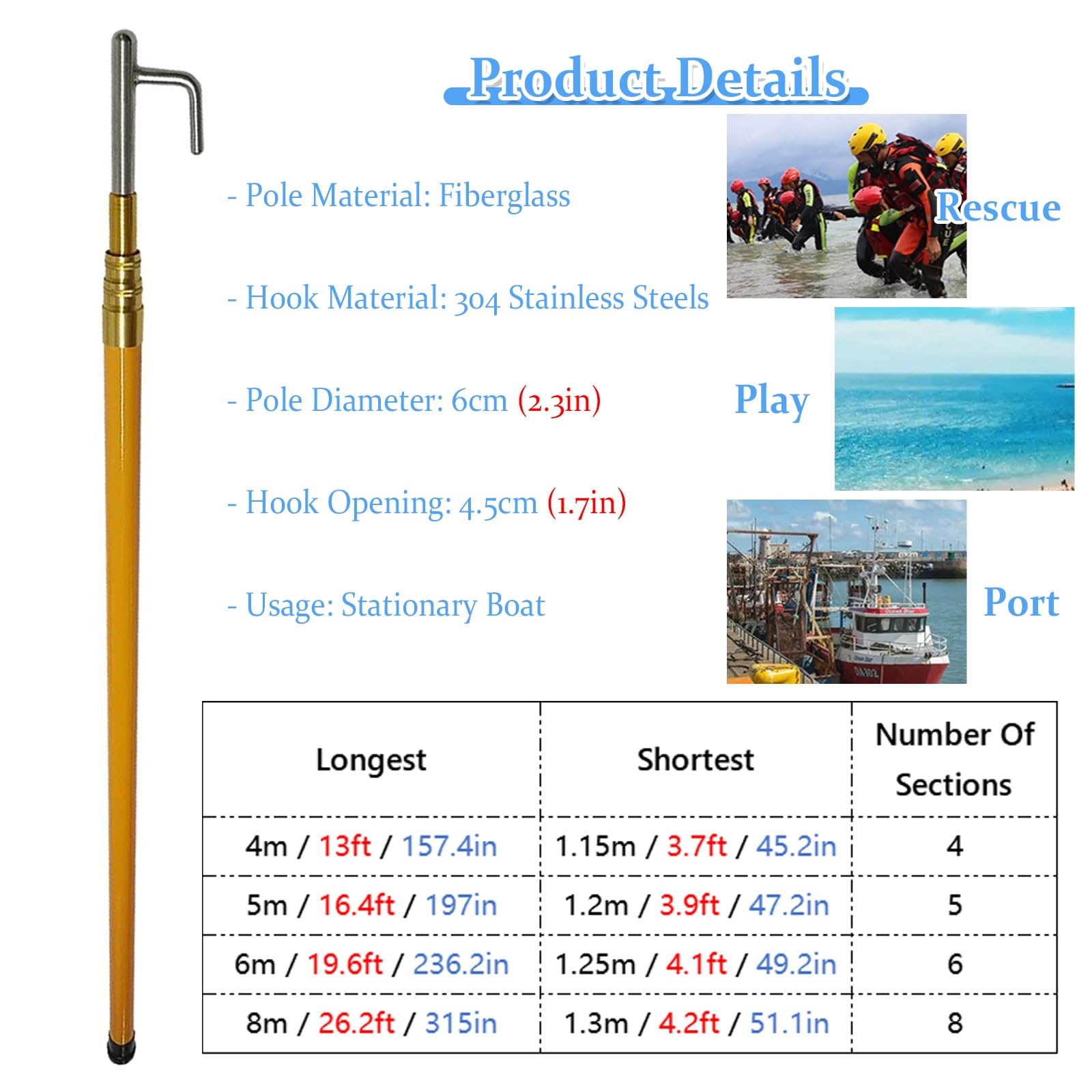 JYHHCYS Mezzo Marinaio Gancio D'accosto Telescopico, Asta di Spinta Estensibile per Attracco, Ormeggio E Pesca, Asta di Spinta Leggera con Gancio in Acciaio Inossidabile(5m/16.4ft/197in)