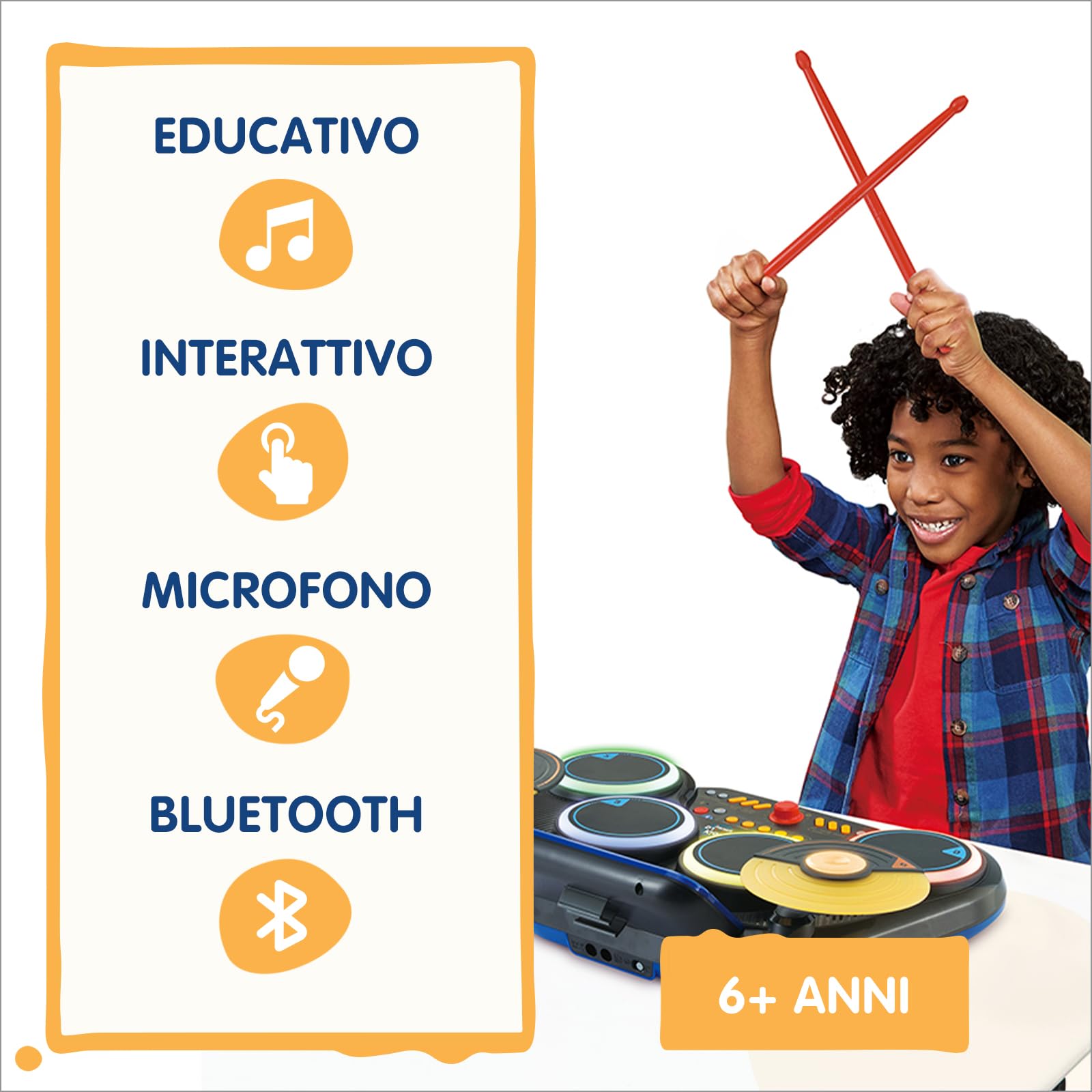 VTech Kidi DJ Drums, Batteria Elettronica per Bambini con Pad Luminosi, Giochi Musicali, Modalità Bluetooth e Microfono Integrato, Bacchette Incluse, Lingua Italiana, Batterie Incluse, 6+ Anni