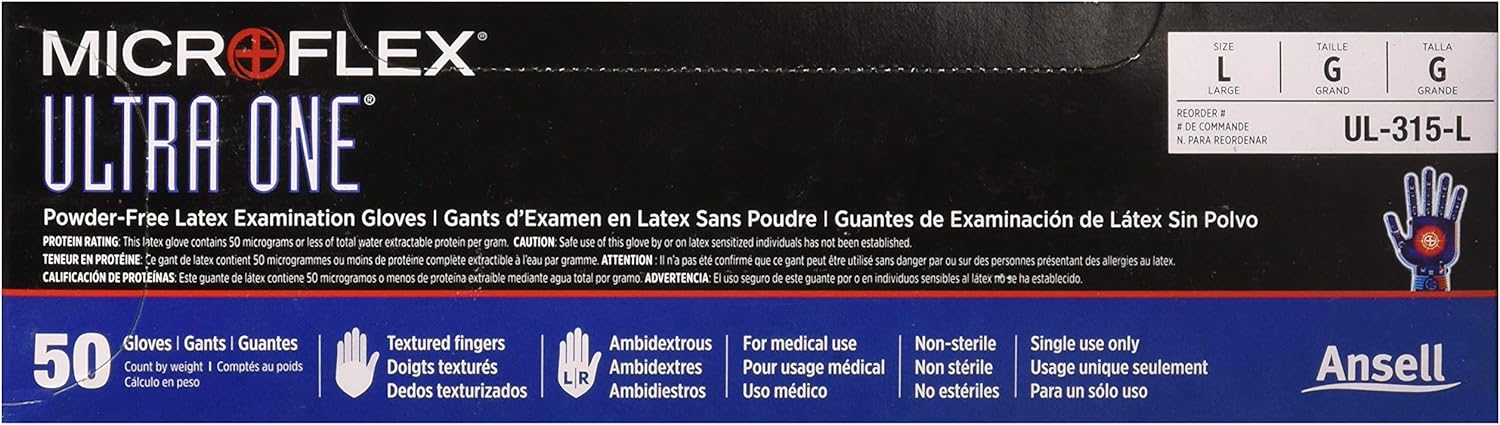 Microflex Ultra One Powder Free, Latex Extended Cuff Examination Gloves - Large, UL315L