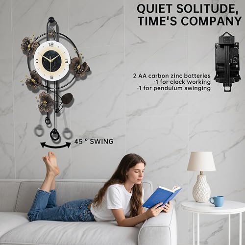 Miniatura 4 de Reloj de pared, movimiento de cuarzo silencioso a pilas con péndulo, relojes de pared grandes modernos de metal de gran tamaño para sala de estar,