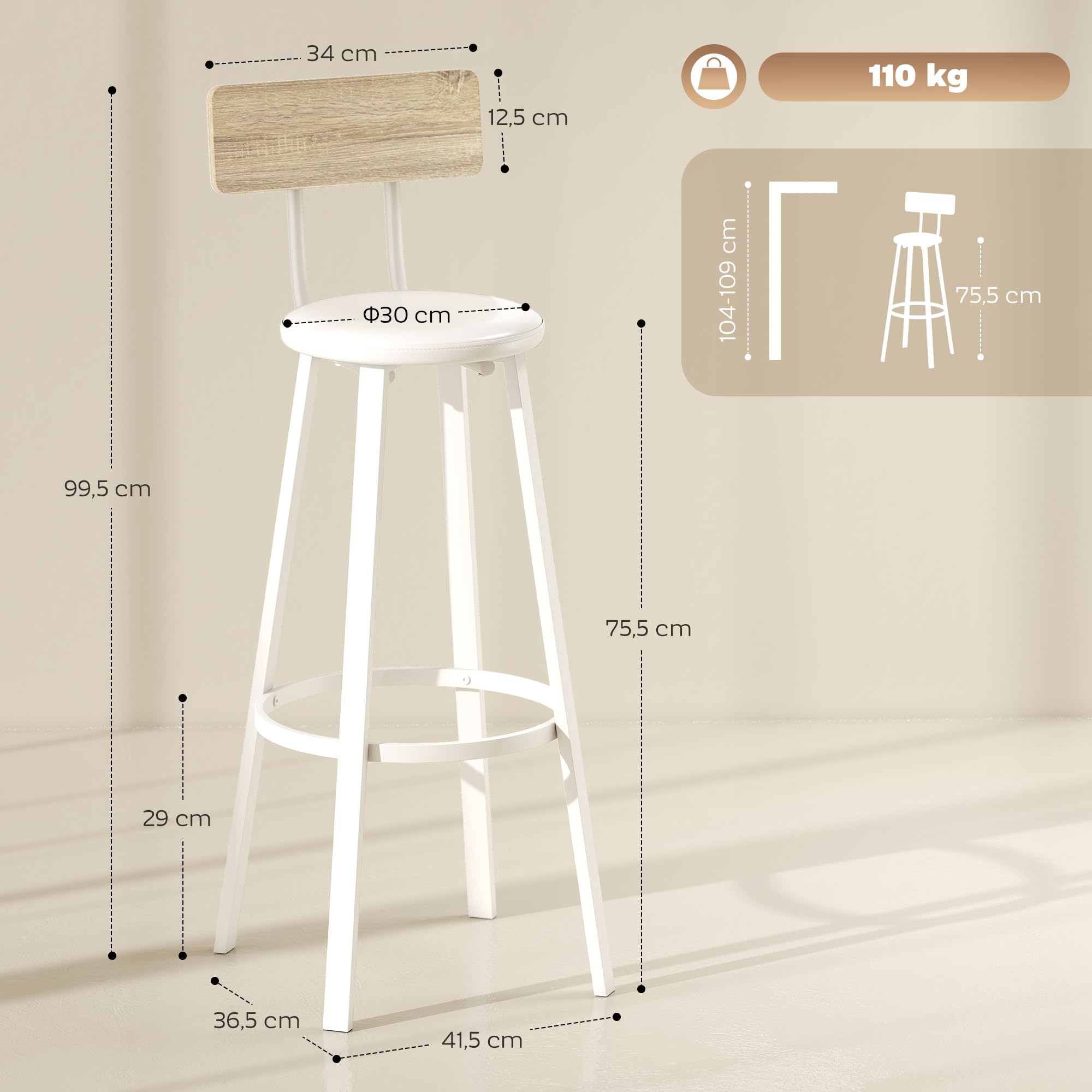 HOMCOM Juego de 2 Taburetes de Bar, Taburetes Altos de Cocina con Respaldo y Reposapiés, Tapizados de PU, Asiento de 75,5 cm de Altura, Fácil Montaje, Estilo Industrial, Natural y Blanco