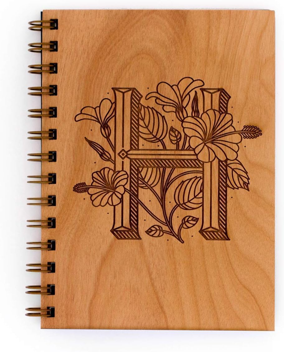 Floral Monogram H Wood Journal - Other Letters Available [Notebook, Sketchbook, Spiral Bound, Blank Pages]