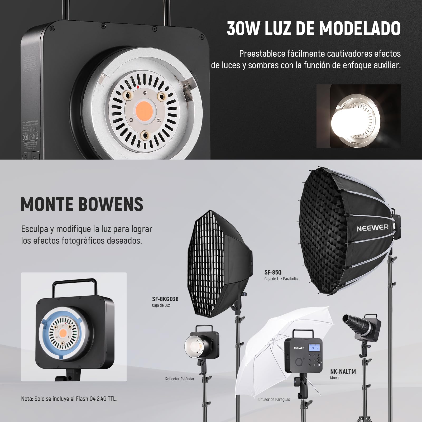 NEEWER Q4 400Ws 2.4G TTL Flash Estudio Exterior (Nuevo Diseño),Compatible con Godox, HSS 1/8000s /Batería 2800mAh / Lámpara Modelado 30W / 400 Destellos/Monoluz Strobe Opico Montura Bowens Fotografía
