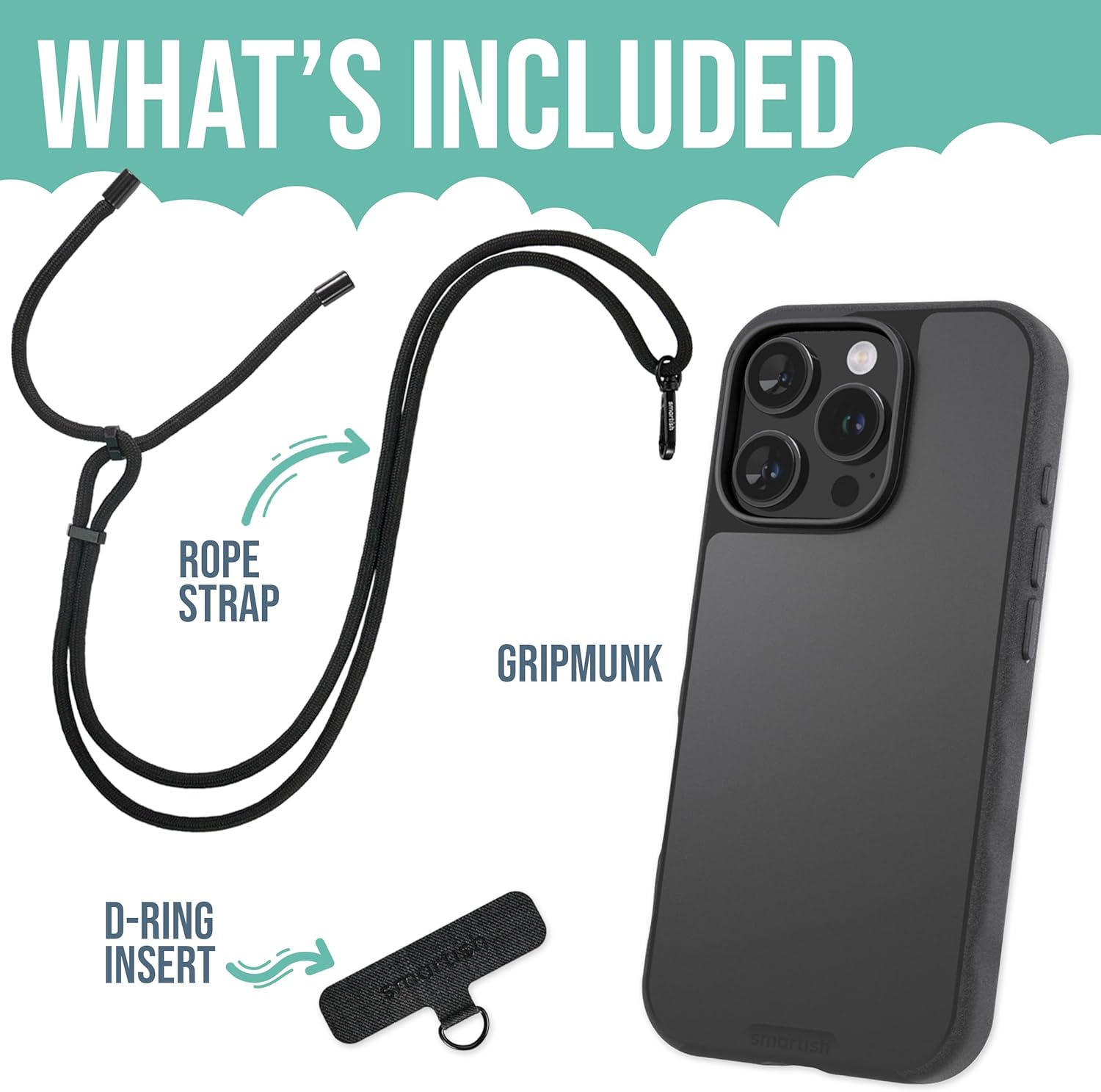 Smartish® iPhone 16 Pro MagSafe Case with Crossbody Lanyard Strap - Gripmunk - [Slim + Protective] Magnetic Slim Case with Universal Detachable Shoulder Neck Strap - Black Tie Affair