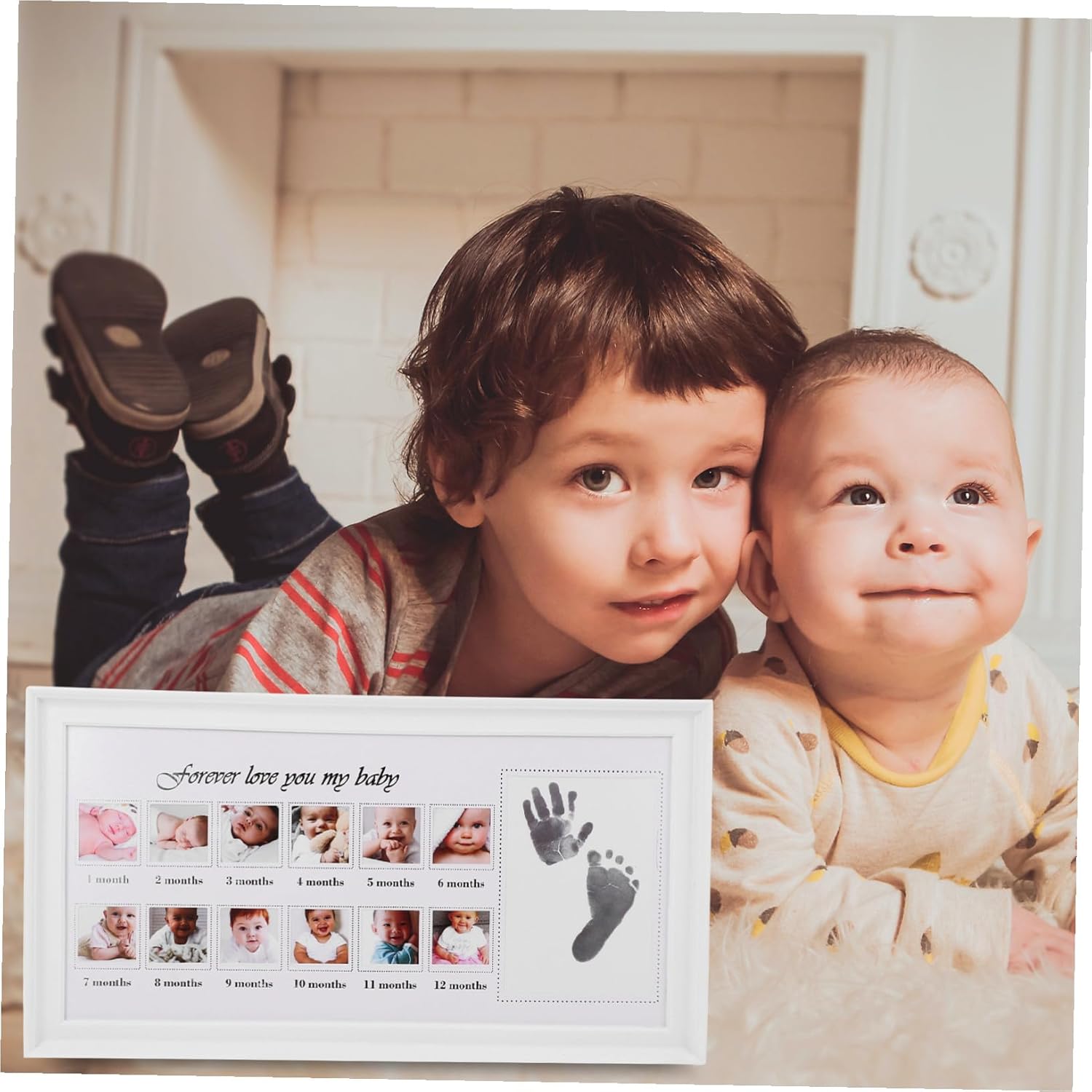 Growth Frame Month Keepsake Photo Frame for Newborns and Boy Girl with Handprint and Footprint Elegant White Design for Nursery
