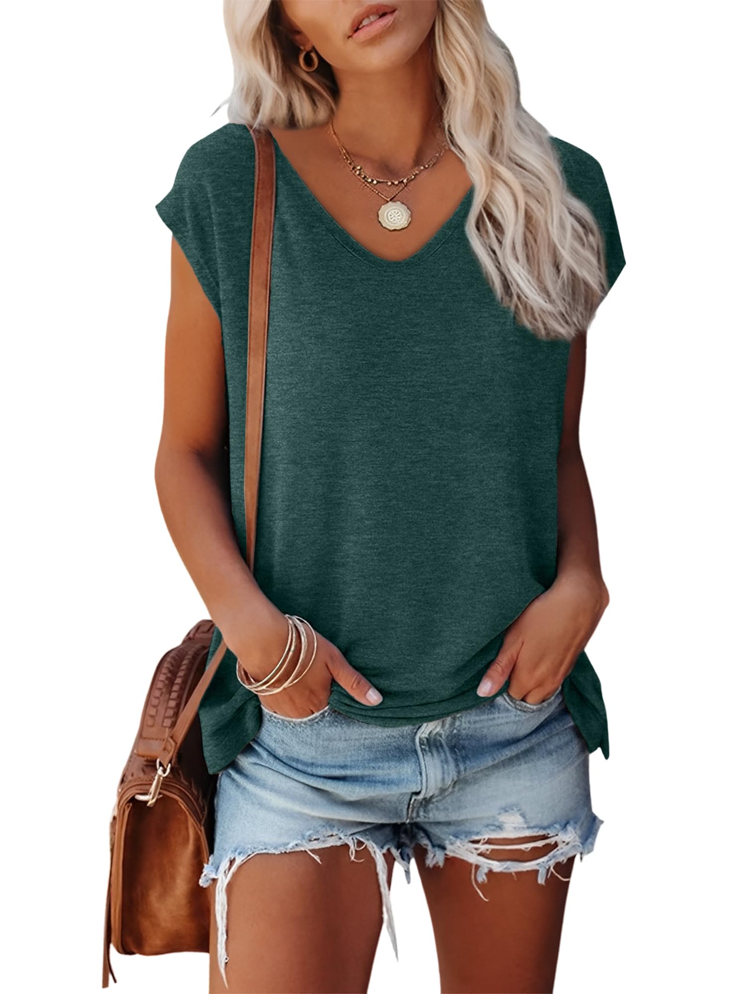 Anbech Cap Sleeve Tops Women Graphic V Neck Tank Tops Solid Print Casual T-Shirts (Dark Green, L), Large