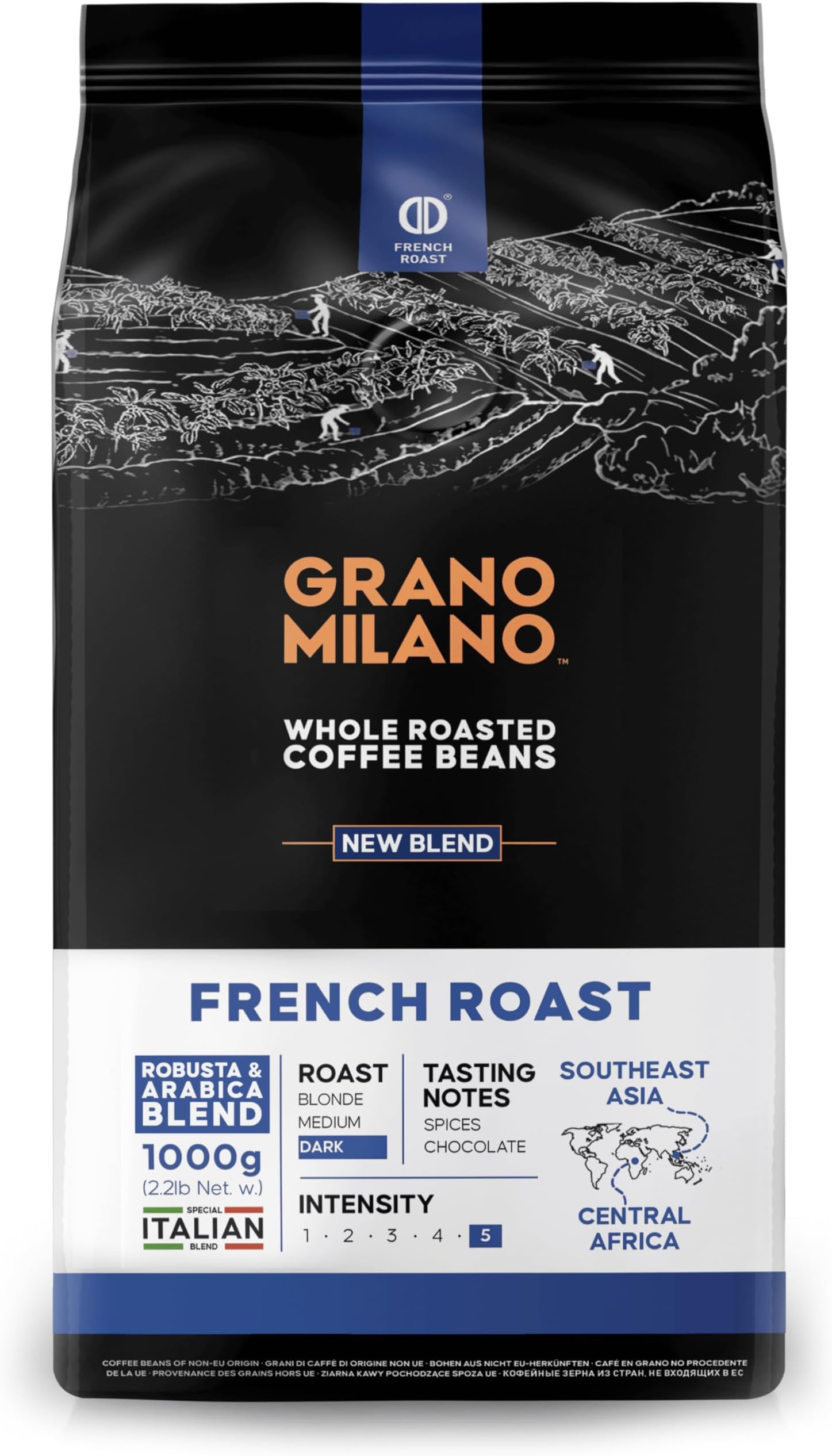French Roast Robusta & Arabica Coffee Beans 1kg – Extra Strong Dark Roast Espresso, Intensity 5/5, Southeast Asia & Central Africa Origins, Made in Italy, (Packaging May Vary)