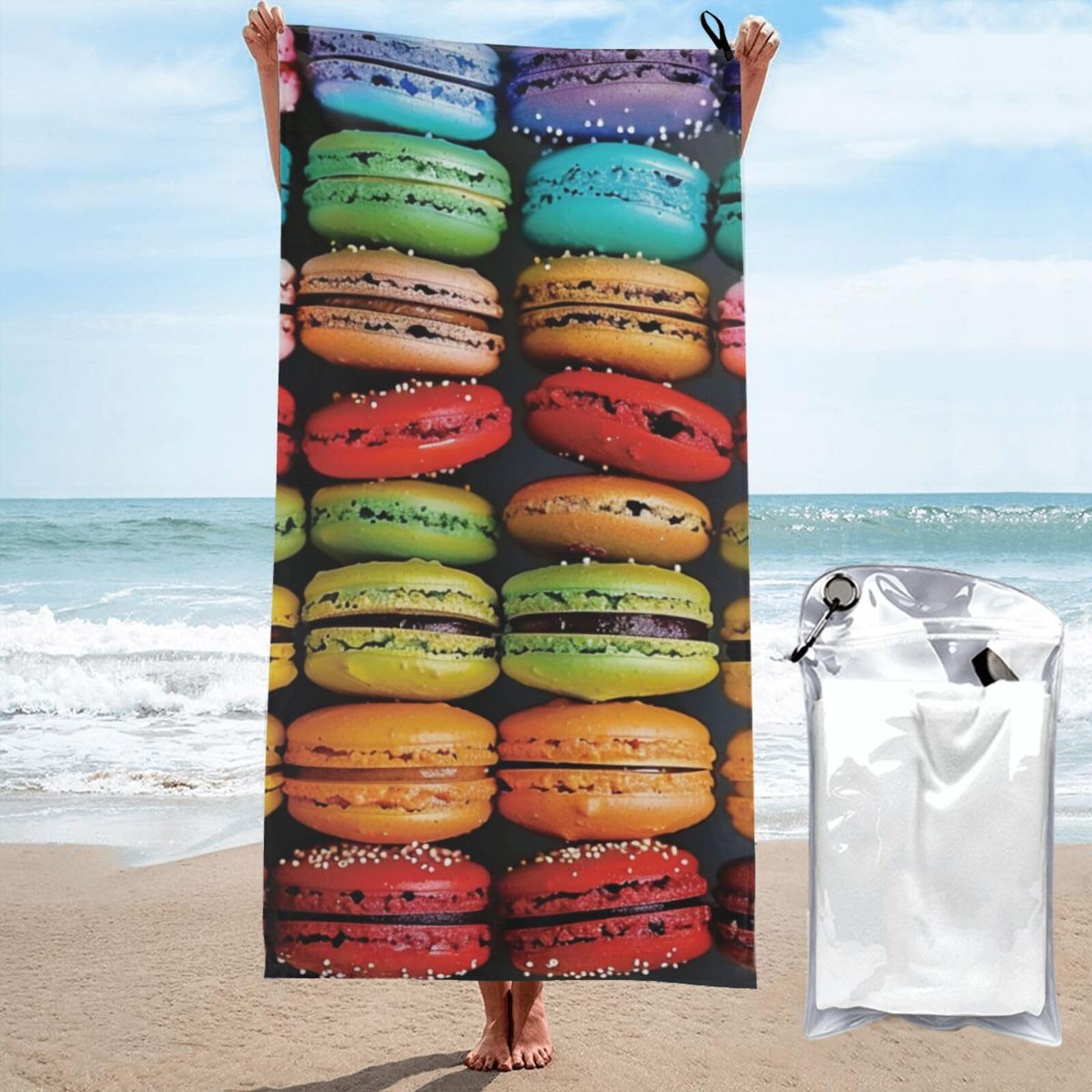 kkvhhyuo Microfiber Beach Towel, Macaron Biscuit Flavored Pastries Printed Lightweight Quick Dry Travel Bath Sheet with Compact Carry Bag for Swimming Yoga Camping Gym,27.5"x55"