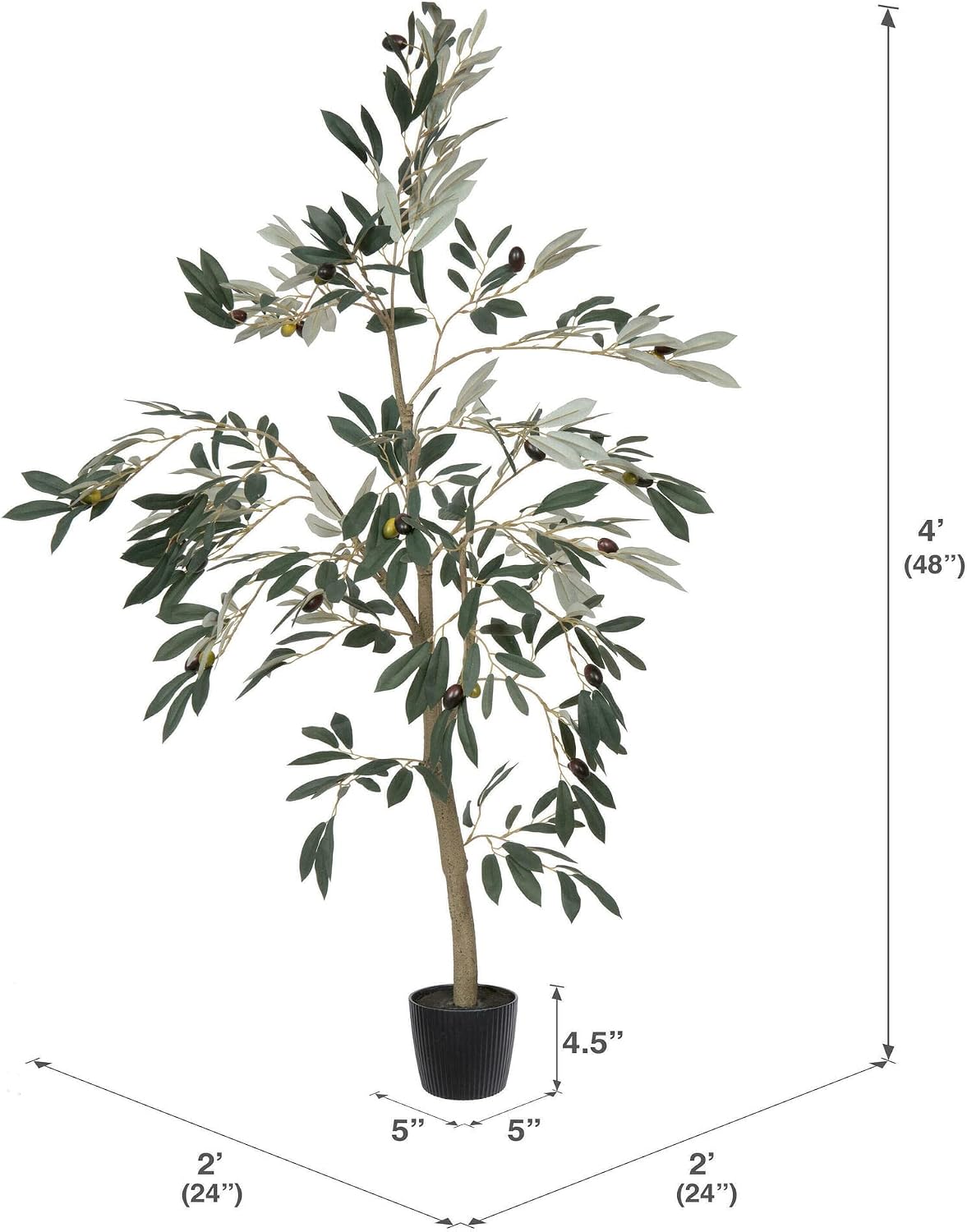 Vickerman Everyday Faux Olive Tree 4 Foot Tall Green Silk Potted Artificial Indoor Olive Plant with 408 Olive Leaves and 30 Decorative Fake Olives Home Office Decor