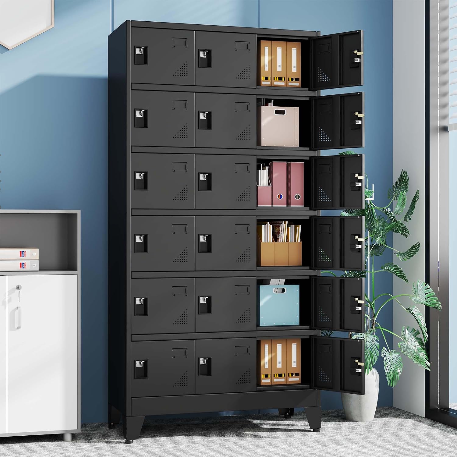 pozdeg Metal Lockers for Employees, 18 Doors Steel Storage Locker with Name Card Holders & Ventilation Holes, Heavy Duty Employee lockers for Office School Gym Garage, Easy Assembly, Black