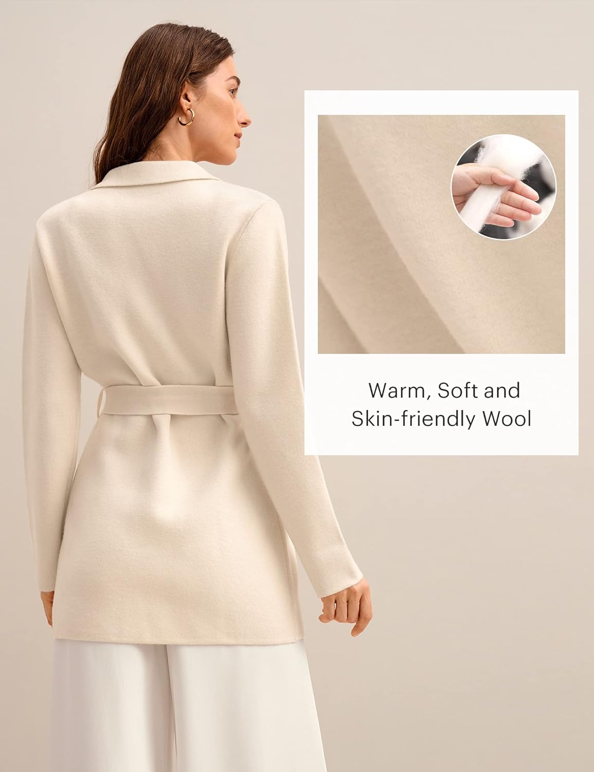 LilySilk Wool Blazer Cream Lapel Incana Knit Outerwear for Women Warm Soft Long Coat for Winter with Belt