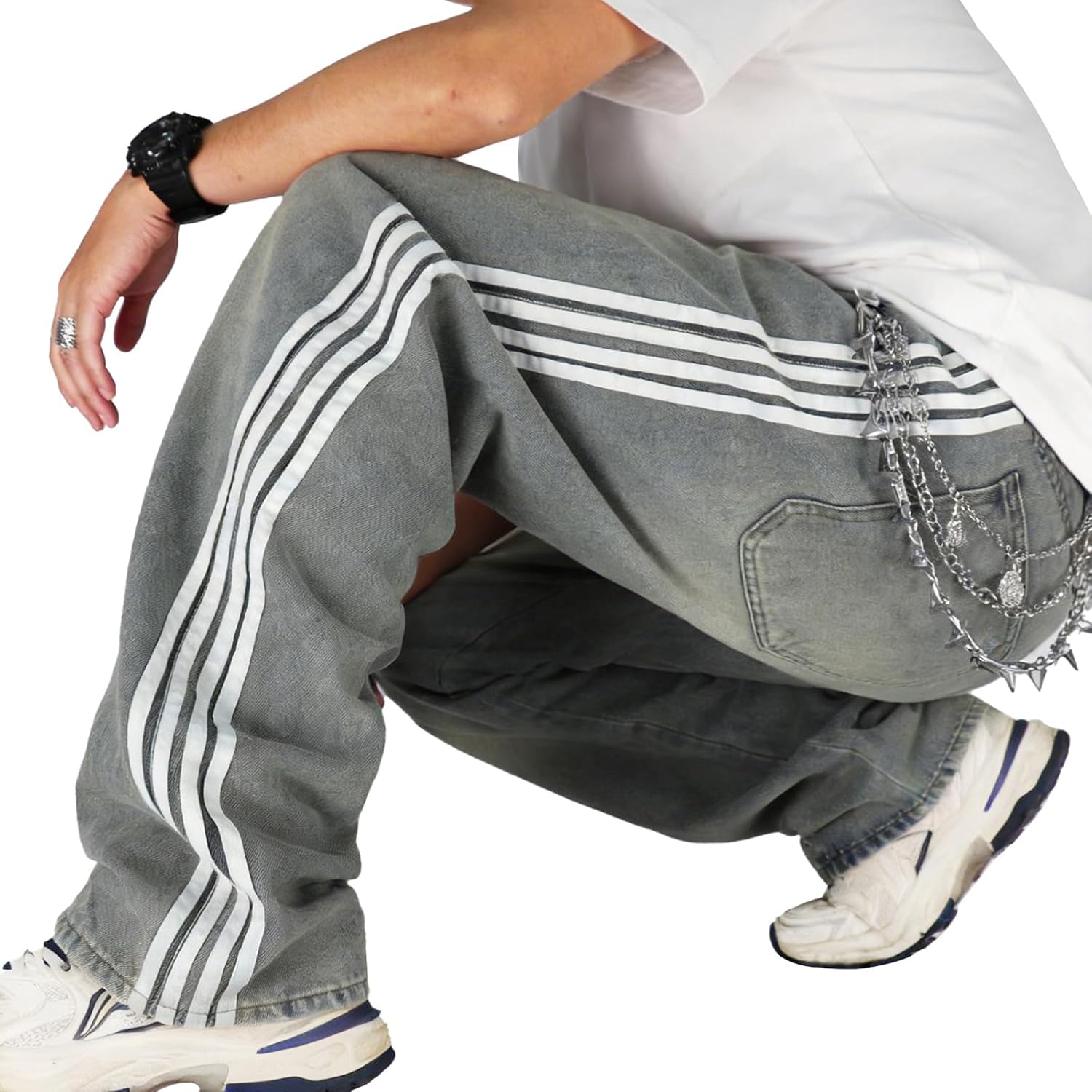 Mens Baggy Denim Jeans Casual Striped Pants Straight Wide Leg Jeans Oversized Hip Hop Pants Vintage Skater Track Jeans - Image 4