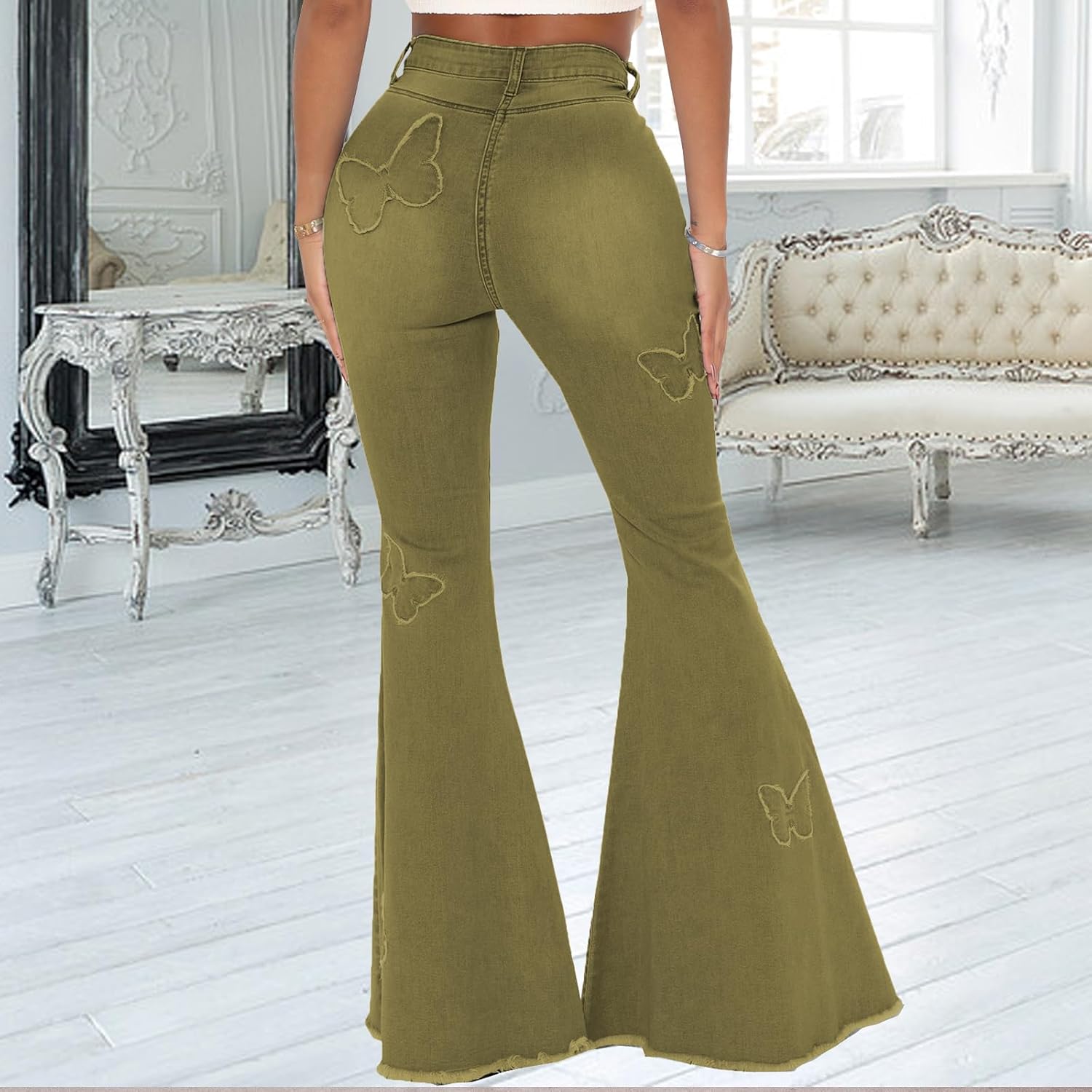 Women's Butterfly Bell Bottom Jeans Elastic High Waisted Embroidered Classic Flareed Jeans Raw Hem Denim Pants with Pocket - Image 8