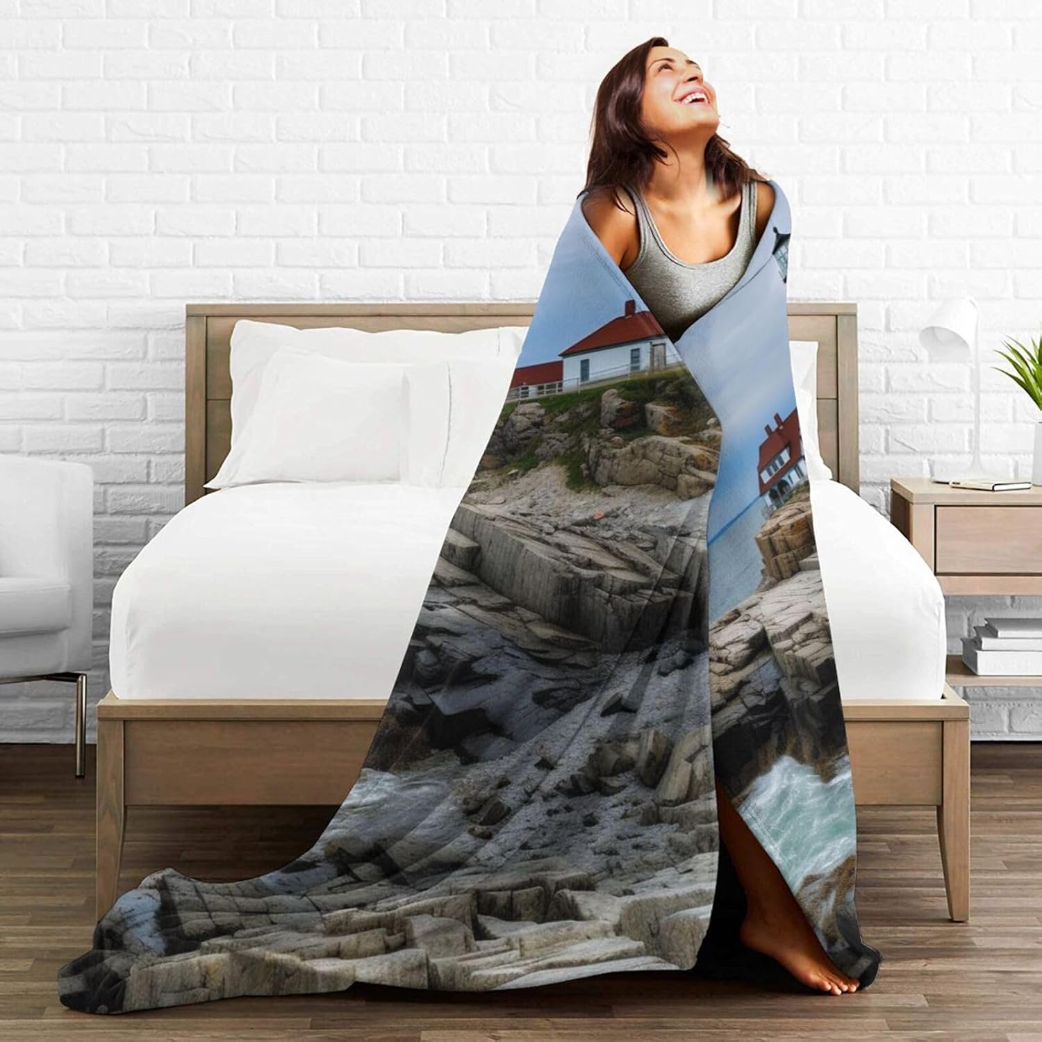 Sea Lighthouse Washable Fleece Throw Blankets, Blanket for Bed Couch Sofa, All Seasons Home Camper Travel 80"x60"