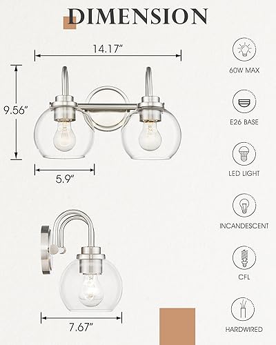 Miniatura 3 de AD-22280-2W-SN - Lámpara de tocador de baño de 2 luces, níquel cepillado con pantalla de vidrio transparente, luz de tocador de baño de granja sobre