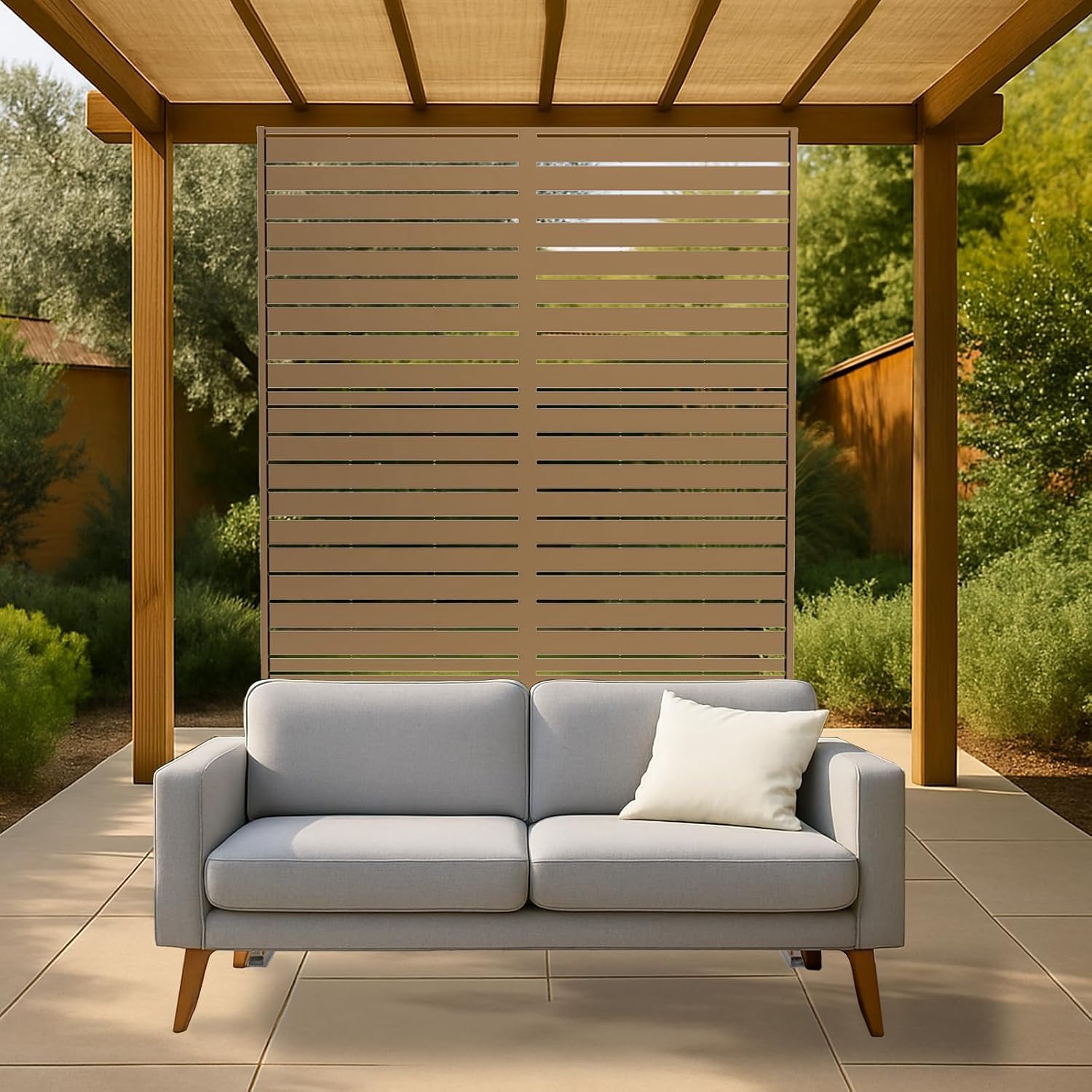 IDEALHOUSE 72" Metal Privacy Screen, Freestanding Decorative Room Divider with Geometric Pattern, Rustproof Outdoor Privacy Fence for Patio Balcony Poolside Indoor, Brown