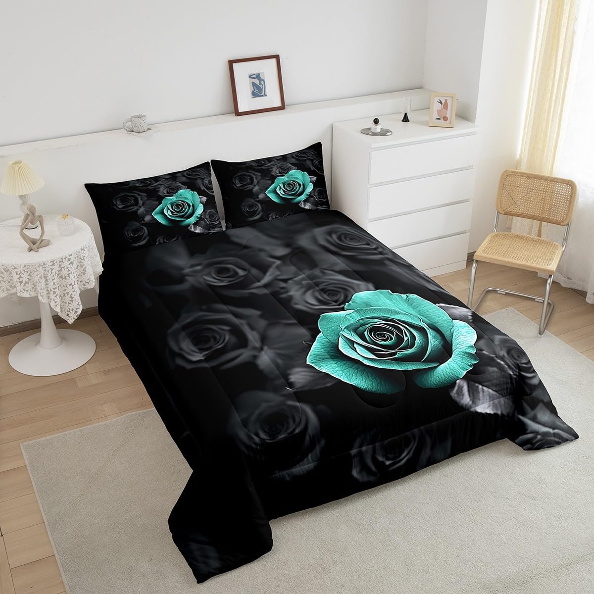 Erosebridal Black and Teal Rose Comforter Set Queen Romantic Flowers Bedding Set,3D Roses Comforter Set for Women Girls,Couple Wedding Valentines Day Bedroom Decor Blossom Floral Bed Set 3Pcs image 5