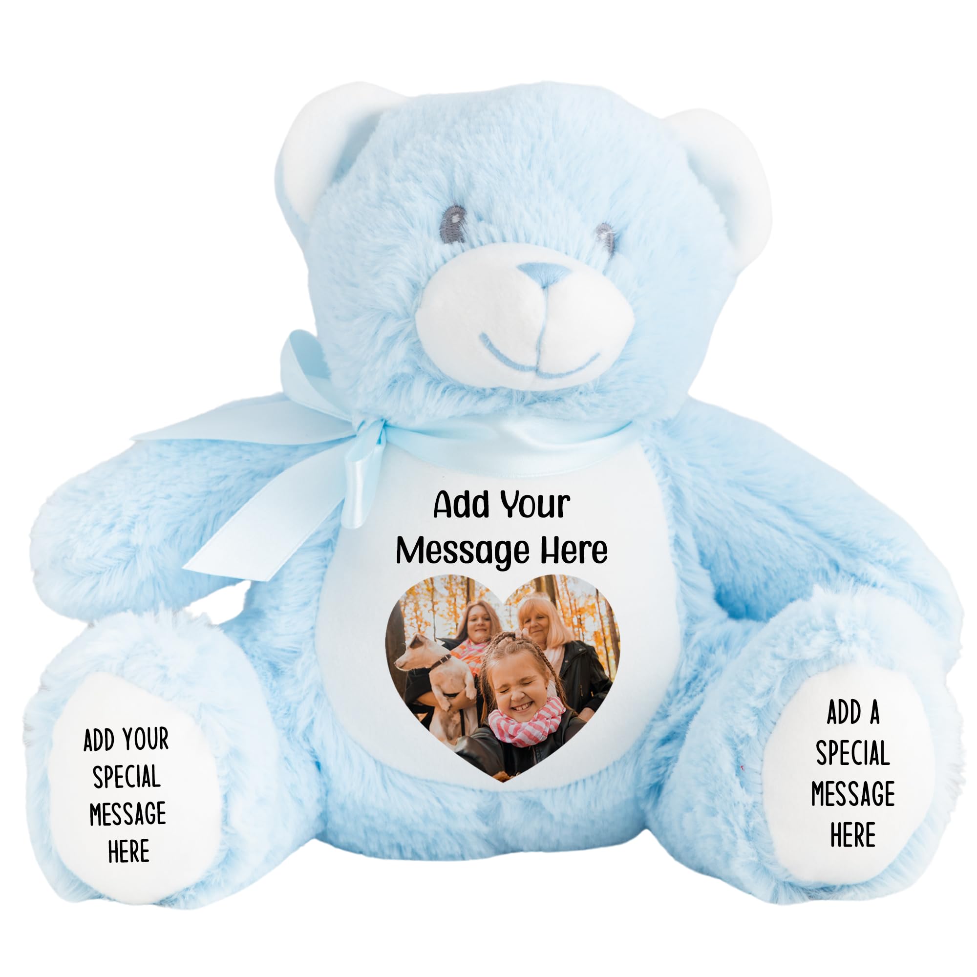 Personalised Photo Teddy Bear – Add Photo on Front & Text on Feet | 28 Styles | Custom Keepsake Gift for Baby, Sympathy, Birthday & More (Blue Teddy Bear)