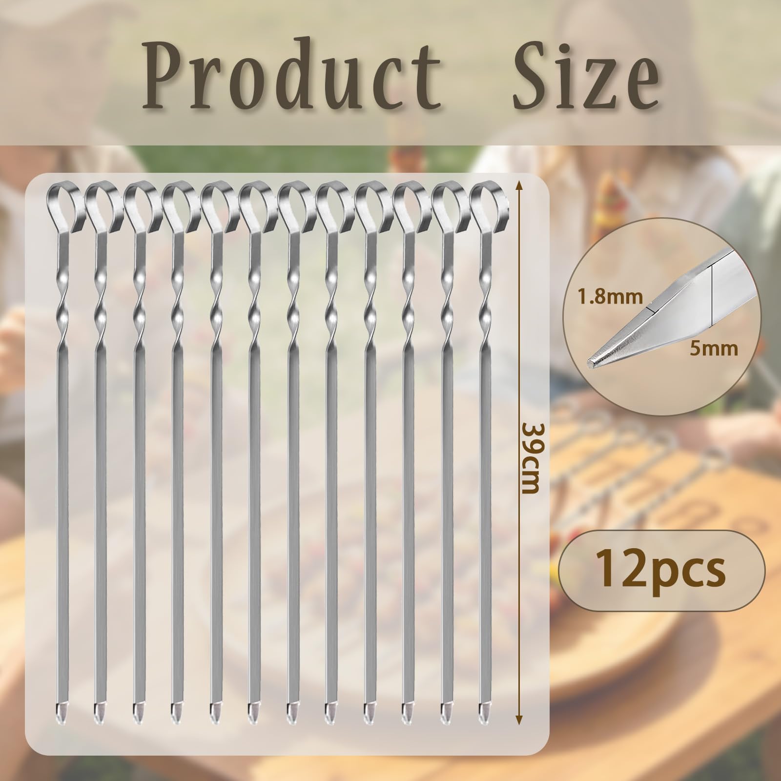 12 spiedini per barbecue in acciaio inox, spiedini lunghi da 39 cm, spiedini da barbecue in acciaio inox, per falò o barbecue