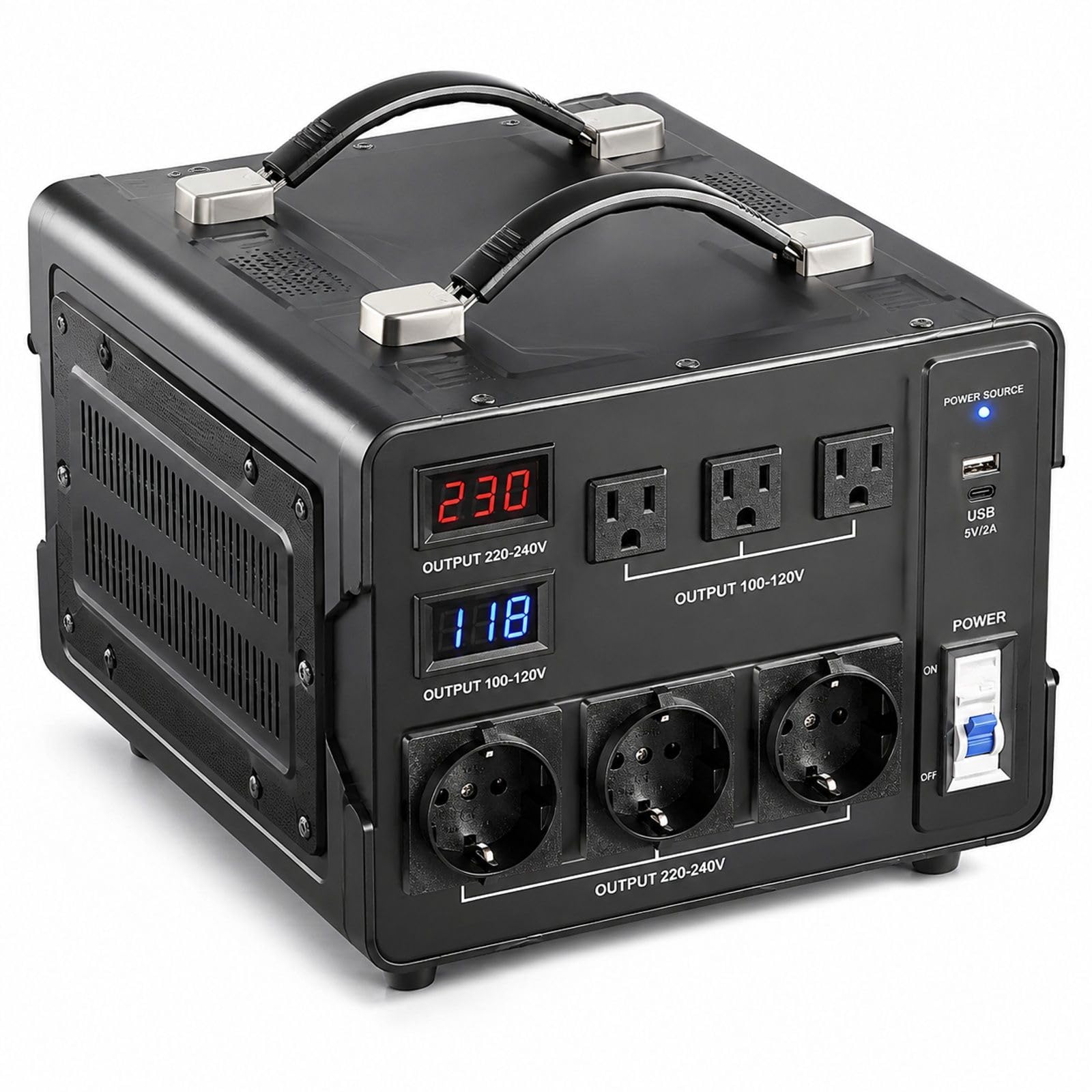 Transformator napięcia 3000VA 110 V na 220 V i 220 V na 110 V, 3 gniazda US, 3 złącza EU, metalowa obudowa z uchwytem