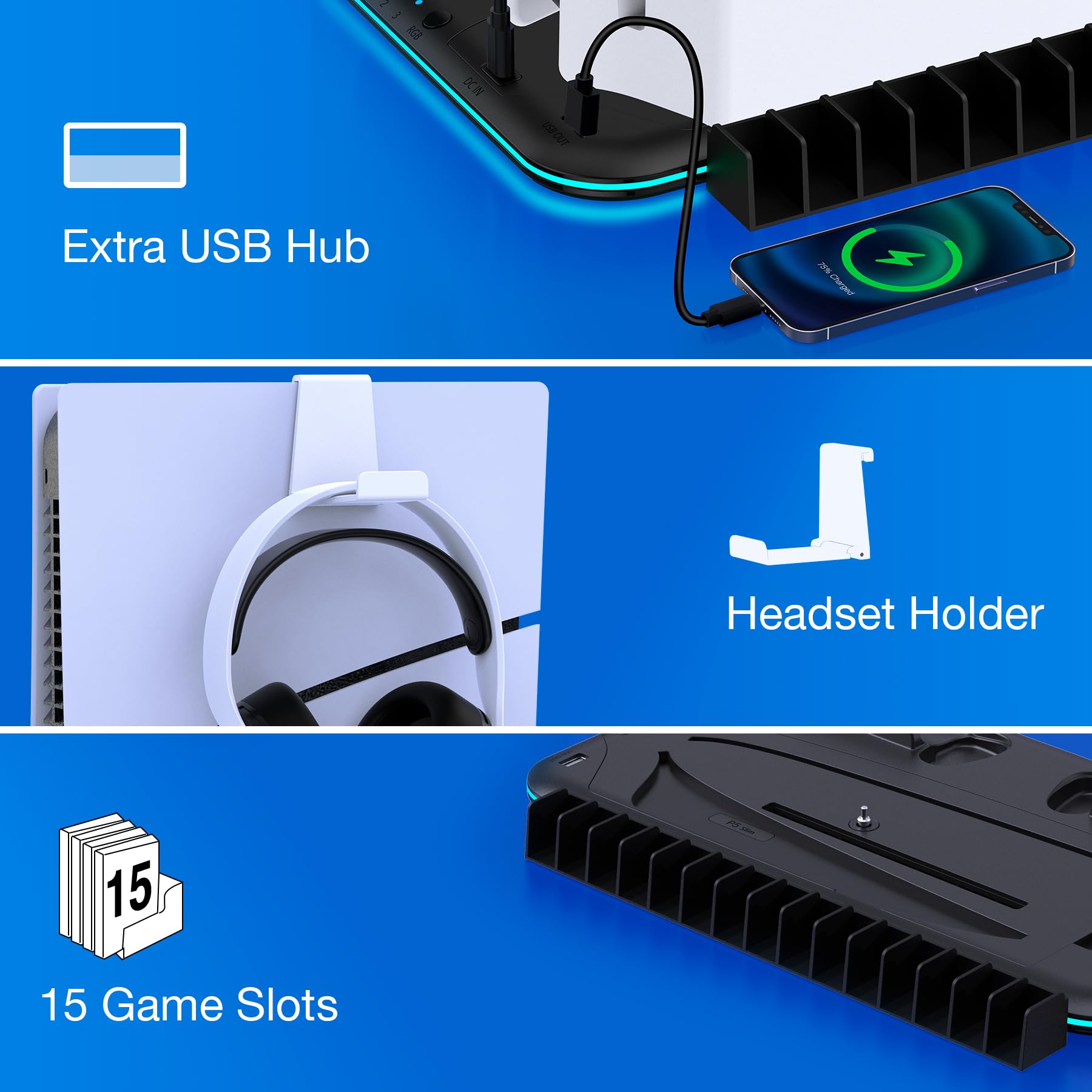 Supporto sottile per PS5 con stazione di raffreddamento e stazione di ricarica per console PS5 Slim/digitale, ventola di raffreddamento PS5, LED RGB, supporto per cuffie, 15 slot per giochi per