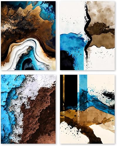 QPOKLAF Abstract Canvas Wall Art for Living Room, Brown Blue Art Posters Living 