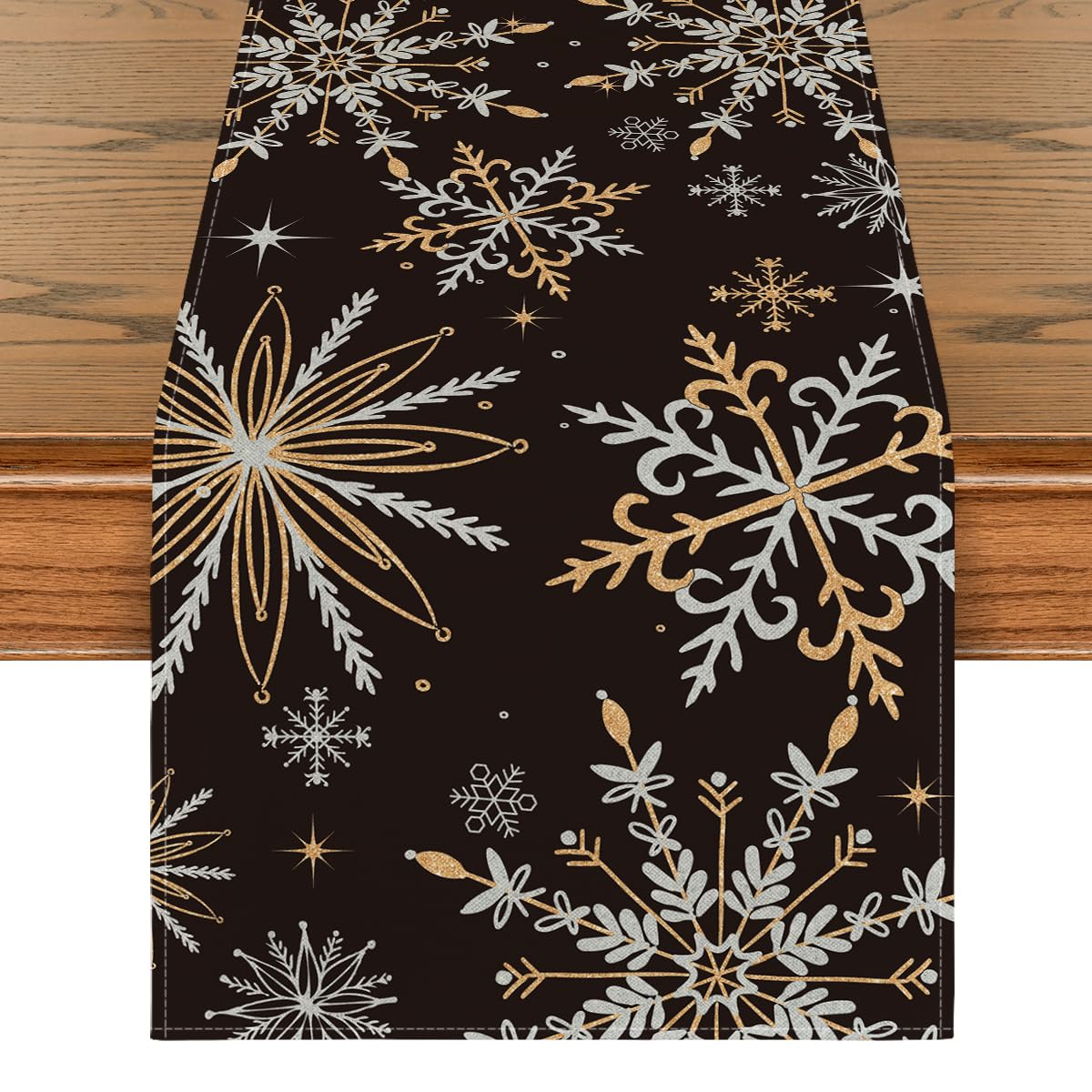 Artoid Mode Camino de Mesa de Navidad con Copos de Nieve Dorado Negro, Decoración de Invierno para Mesas de Cocina, Decoración de Fiestas de Interior 40x300 cm