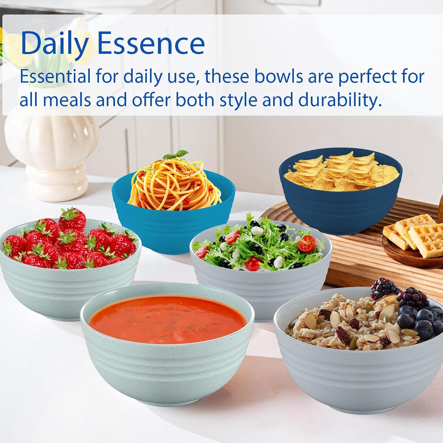 Homestockplus Unbreakable Cereal Bowls 25 OZ Microwave and Dishwasher Safe BPA-Free Eco-Friendly Wheat Straw Bowl Assorted Color Dessert Bowls for Serving Soup, Oatmeal, Pasta and Salad [Set of 6]