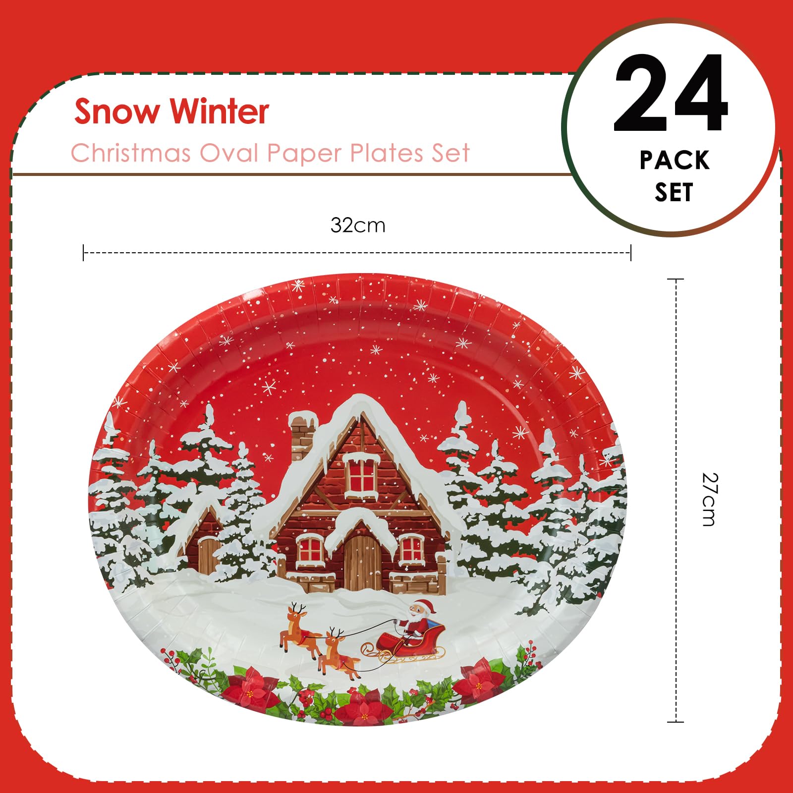 Piatti Ovali Di Carta Natalizi – 24 Pezzi, Motivo Casa Neve, 32x27 Cm | Per Buffet, Feste, Compleanni