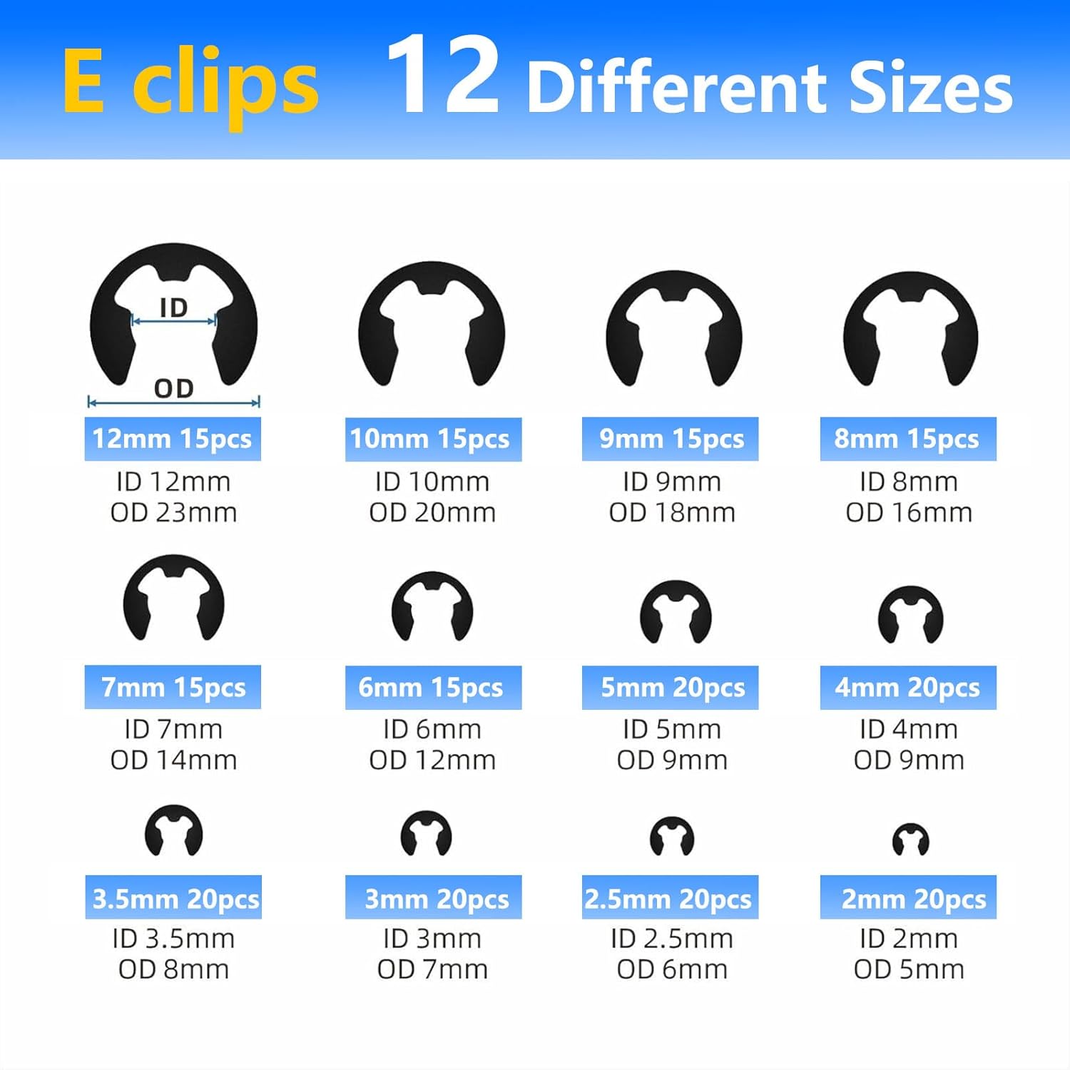 420‑Piece 2.0 mm–12 mm External Retaining Ring & E/C‑Clip Set – Carbon Steel Circlip Assortment Kit thumbnail