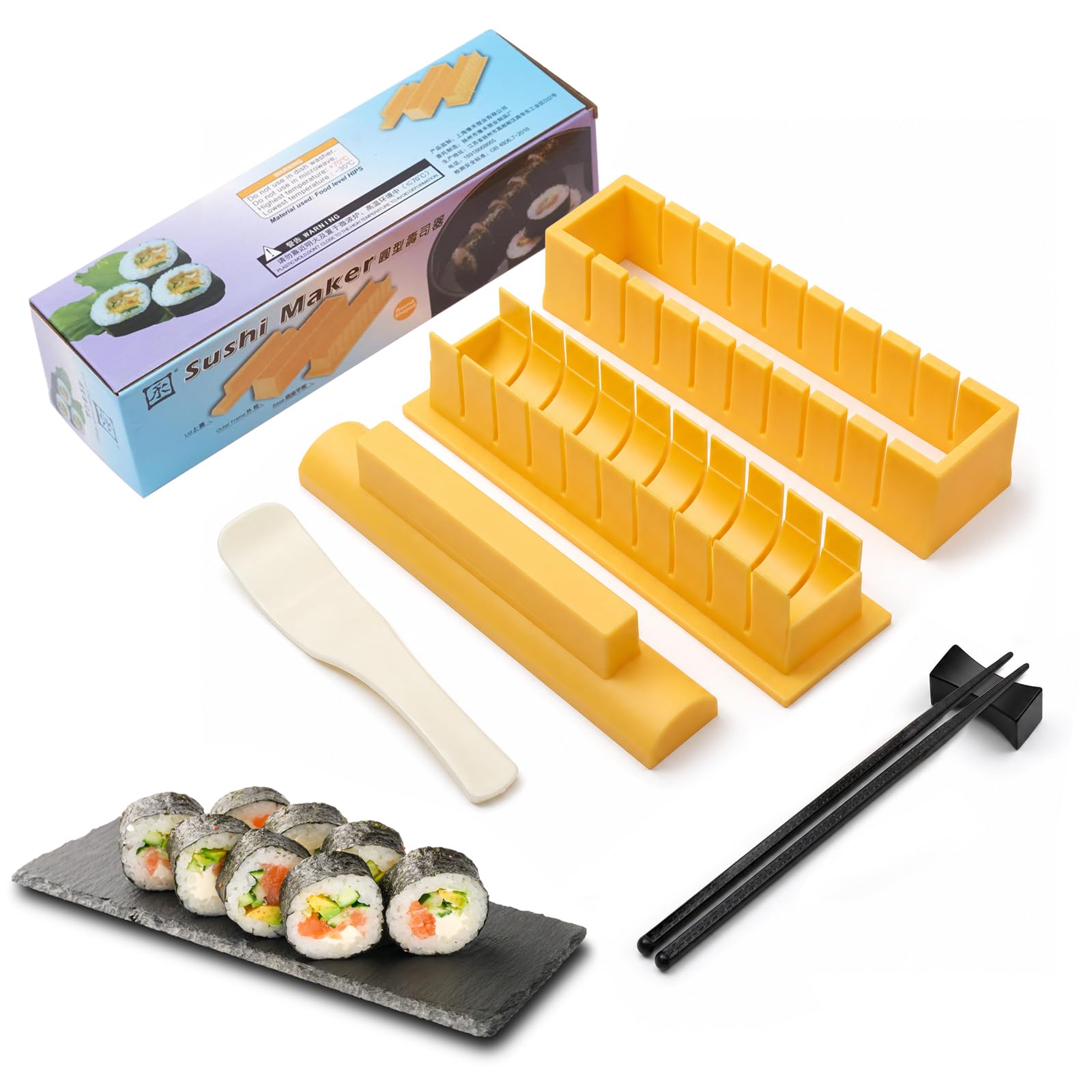Ensemble De 6 Pièces Sushi Maker Kit de Fabrication de Sushis | Moules à Sushis Jaunes pour Débutants, avec Cadre, Base, Couvercle, Cuillère et Baguettes