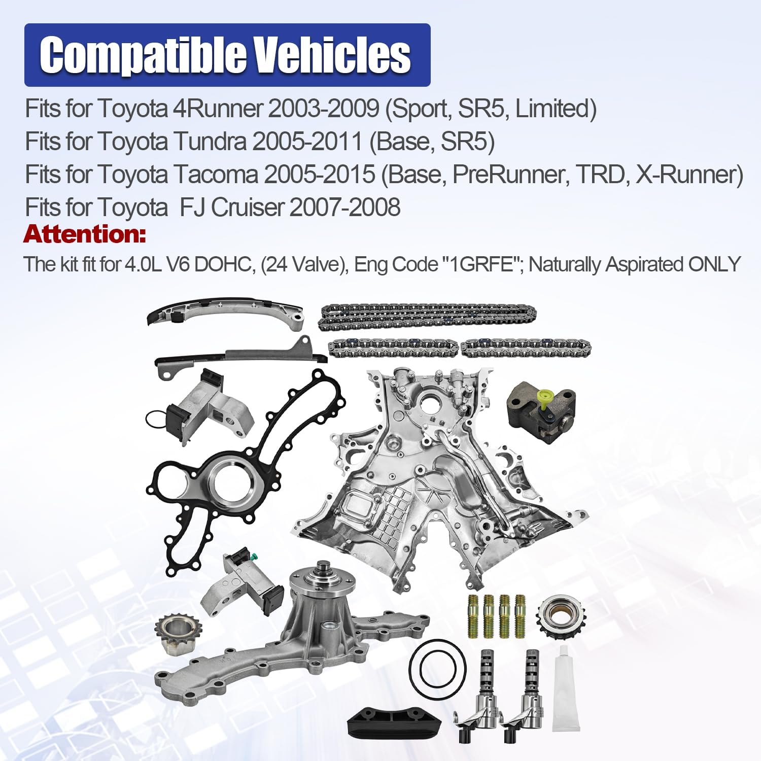 9-4217S 1GR-FE Timing Chain Kit w/Oil Pump, Water Pump, Timing Cover Fits for Toyota Tacoma 2005-2015, Tundra 2005-2011, 4Runner 2003-2009, FJ Cruiser 2007-2008 4.0L V6 Only